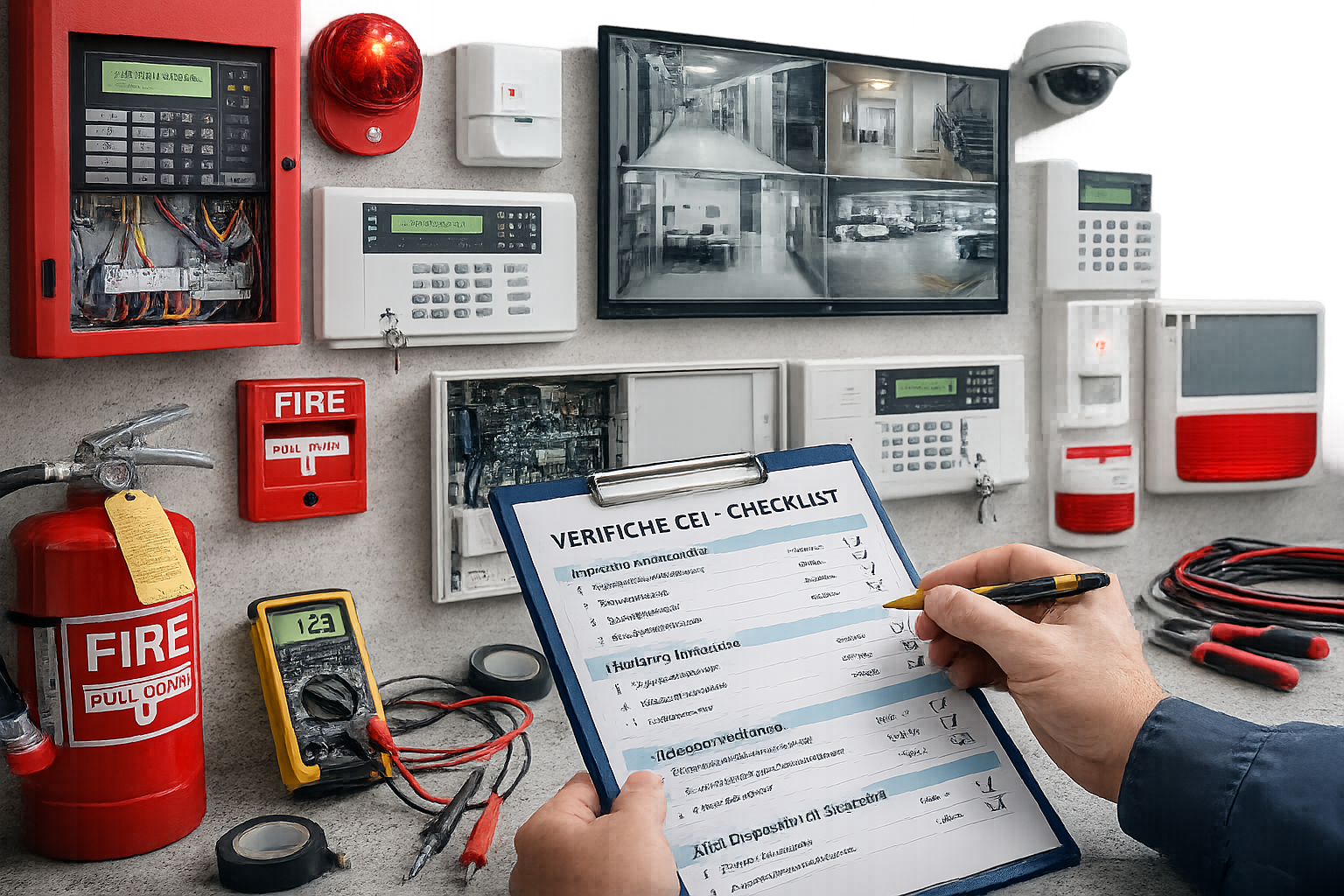 Verifica di un sistema antincendio con vari dispositivi di sicurezza, strumenti di diagnosi, e una checklist di verifica