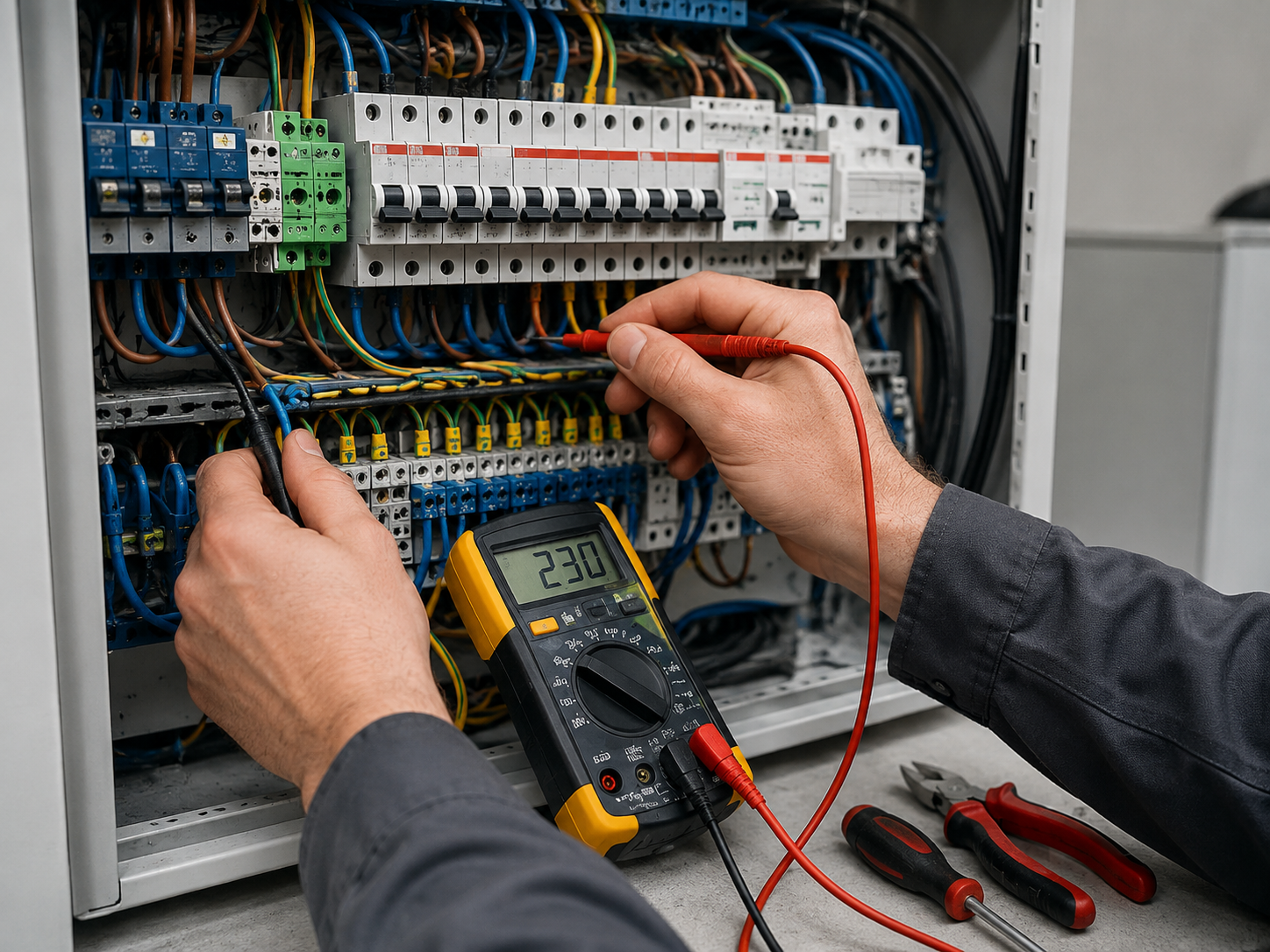 Tecnico che utilizza un multimetro digitale per misurare la tensione di un quadro elettrico con numeri 230 visualizzati sul display.
