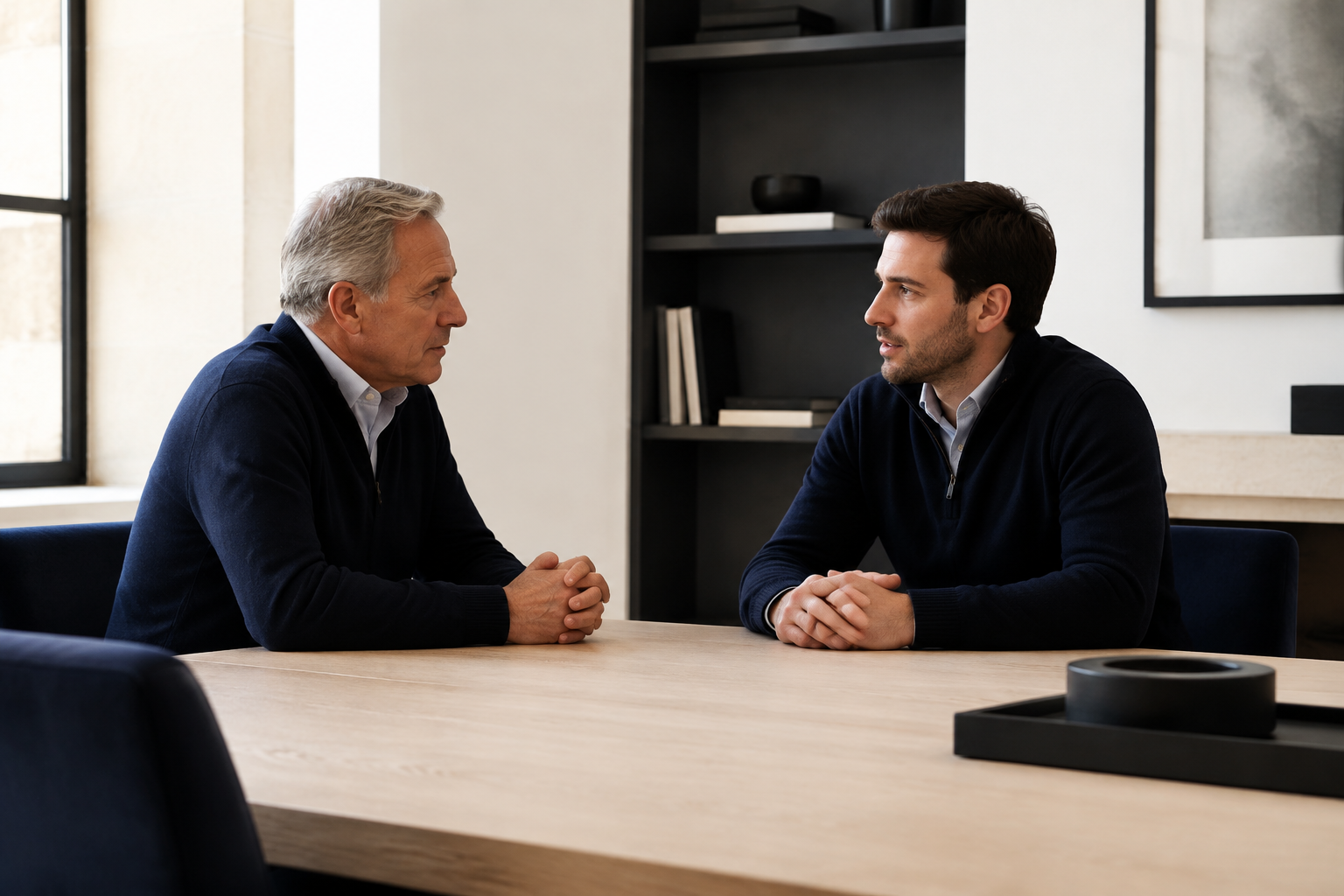 Two men sitting at a conference table engaged in a serious conversation in a modern office with bookshelves and artwork.