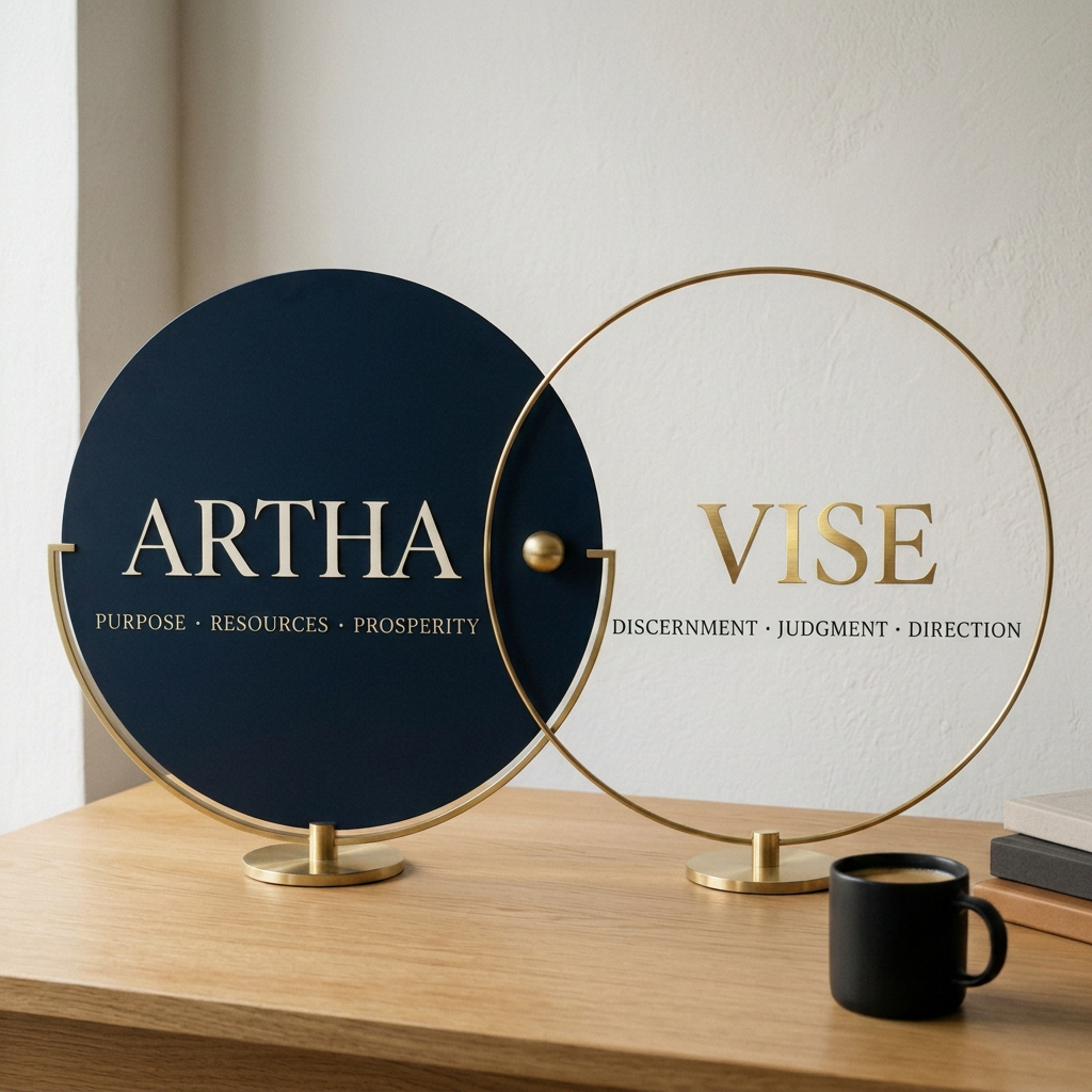 Two decorative overlapping circular signs on a wooden table. The left sign, navy blue, reads "ARTHA" with the words "Purpose, Resources, Prosperity" underneath. The right sign, gold, reads "VISE" with the words "Discernment, Judgment, Direction" underneath. A small black coffee mug and some notebooks are on the table.