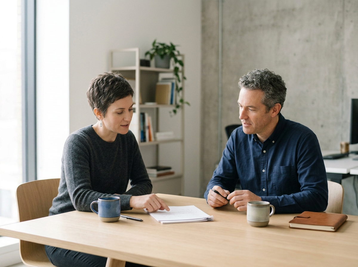 A woman and man sit at a wooden table in an office, discussing documents with coffee mugs in front of them.