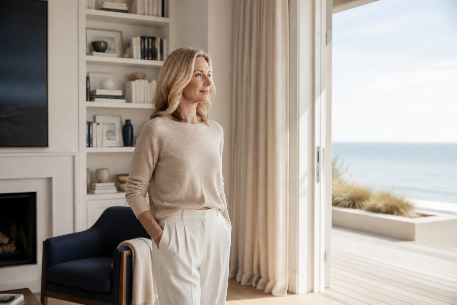 A woman with blonde hair wearing a beige sweater and white pants standing in a well-lit living room with a view of the ocean through a sliding glass door.
