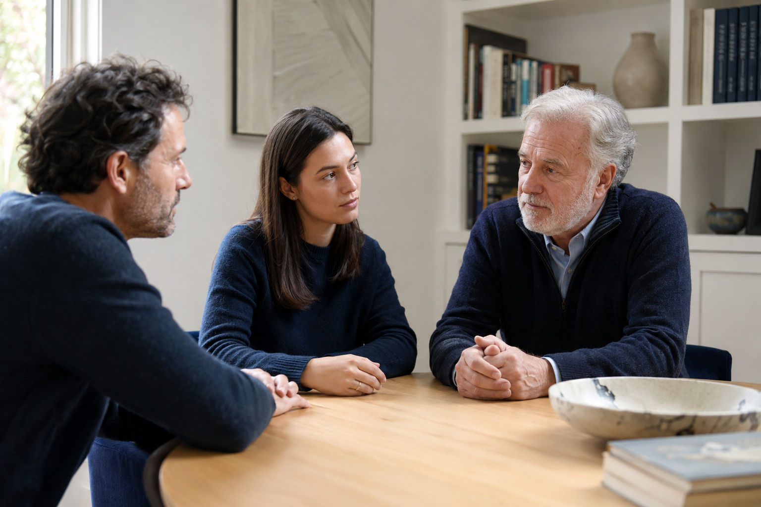 Three people sitting at a table having a serious discussion, in a room with bookshelves.