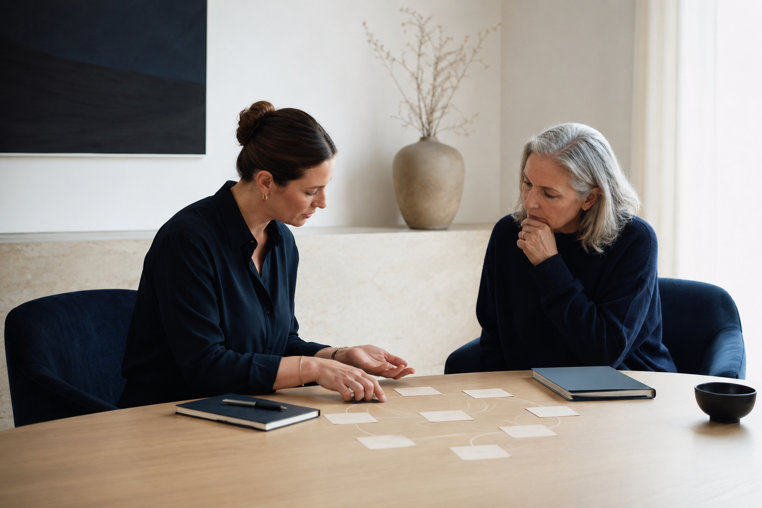 Two women sitting at a table, one explaining a diagram or flowchart with sticky notes to the other, in a modern, well-lit room with a decorative vase and artwork in the background.