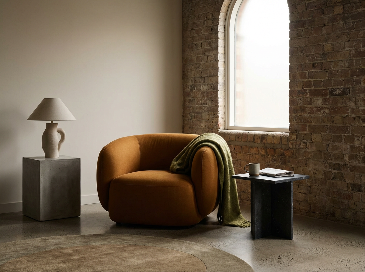 A cozy corner with a circular orange armchair, a green blanket draped over it, a small black side table with a mug and magazines, a modern lamp on a concrete pedestal, and a large arched window with brick walls and concrete flooring.