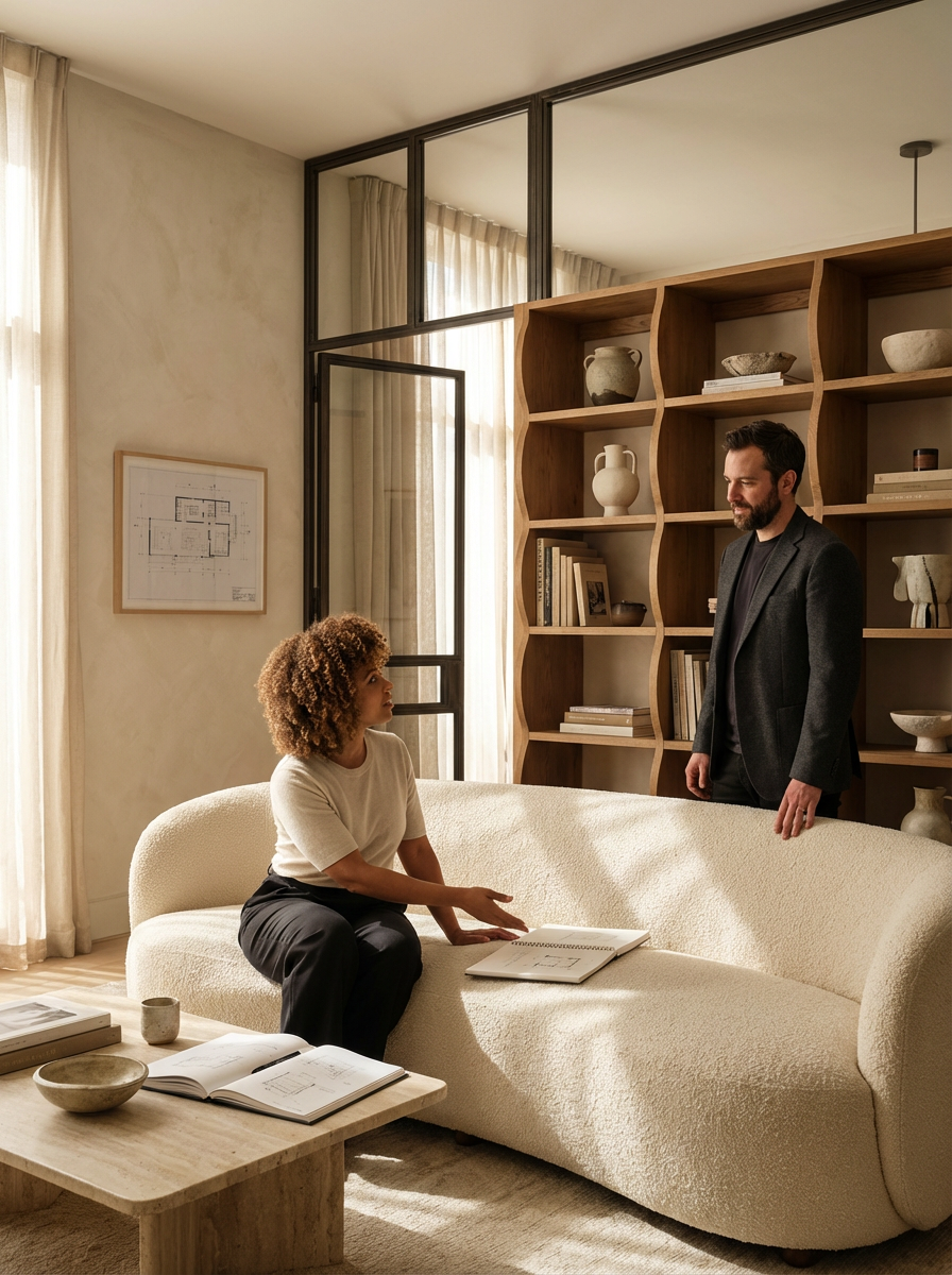 A woman sitting on a cream-colored, textured sofa in a living room, engaged in conversation with a man standing nearby. The room has natural light coming through sheer curtains, a wooden bookshelf with decorative items and books behind the man, and a coffee table with open books and ceramic bowls in front of the sofa.