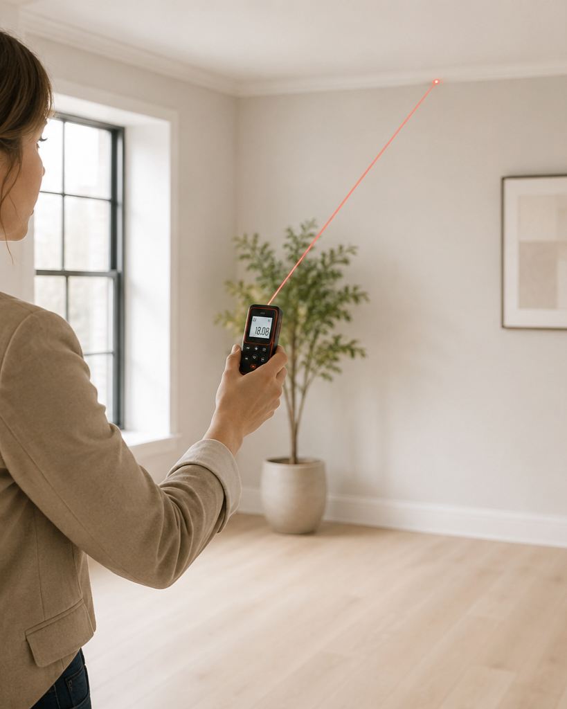 A woman holding a laser distance meter measuring the height of a ceiling in a bright, empty room with light wood flooring, a large window, a potted plant, and a framed picture on the wall.