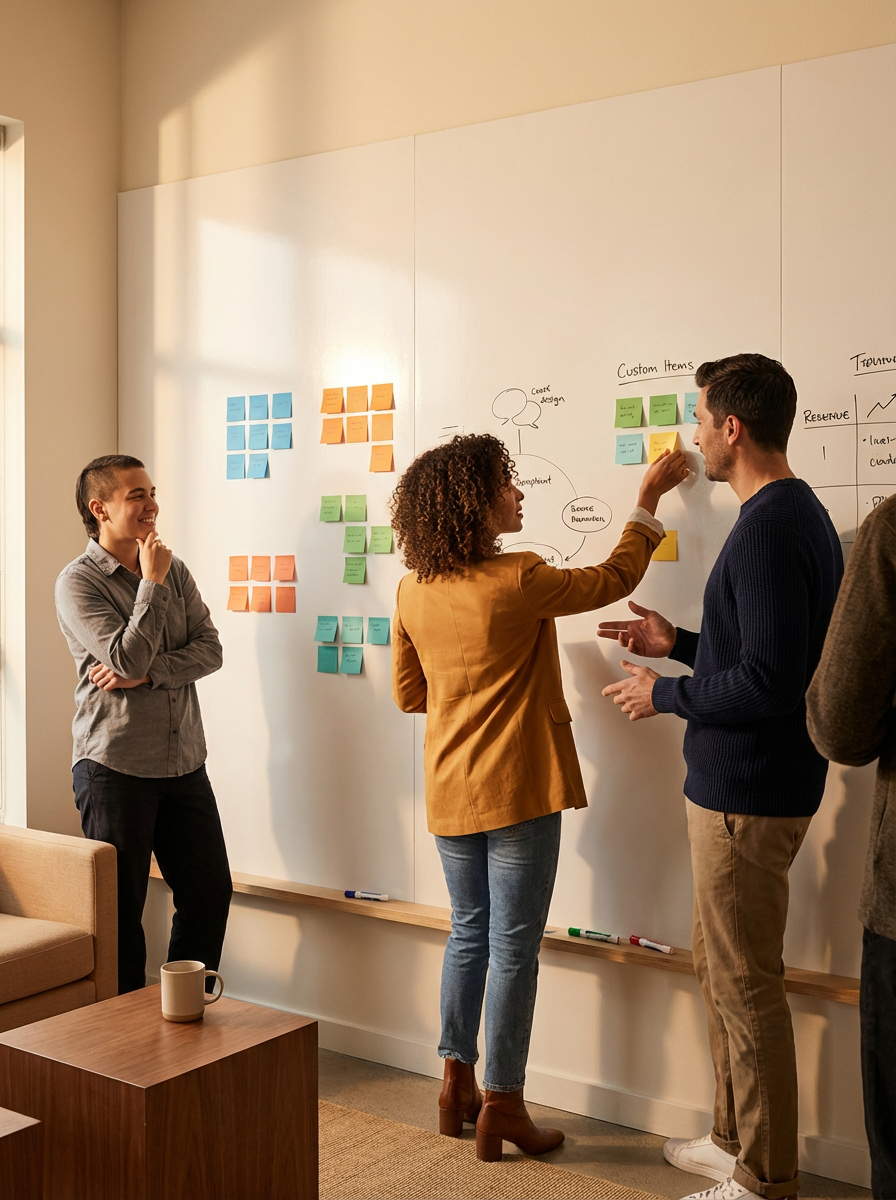 Group of four people having a discussion in a meeting room with whiteboard covered in sticky notes and diagrams.