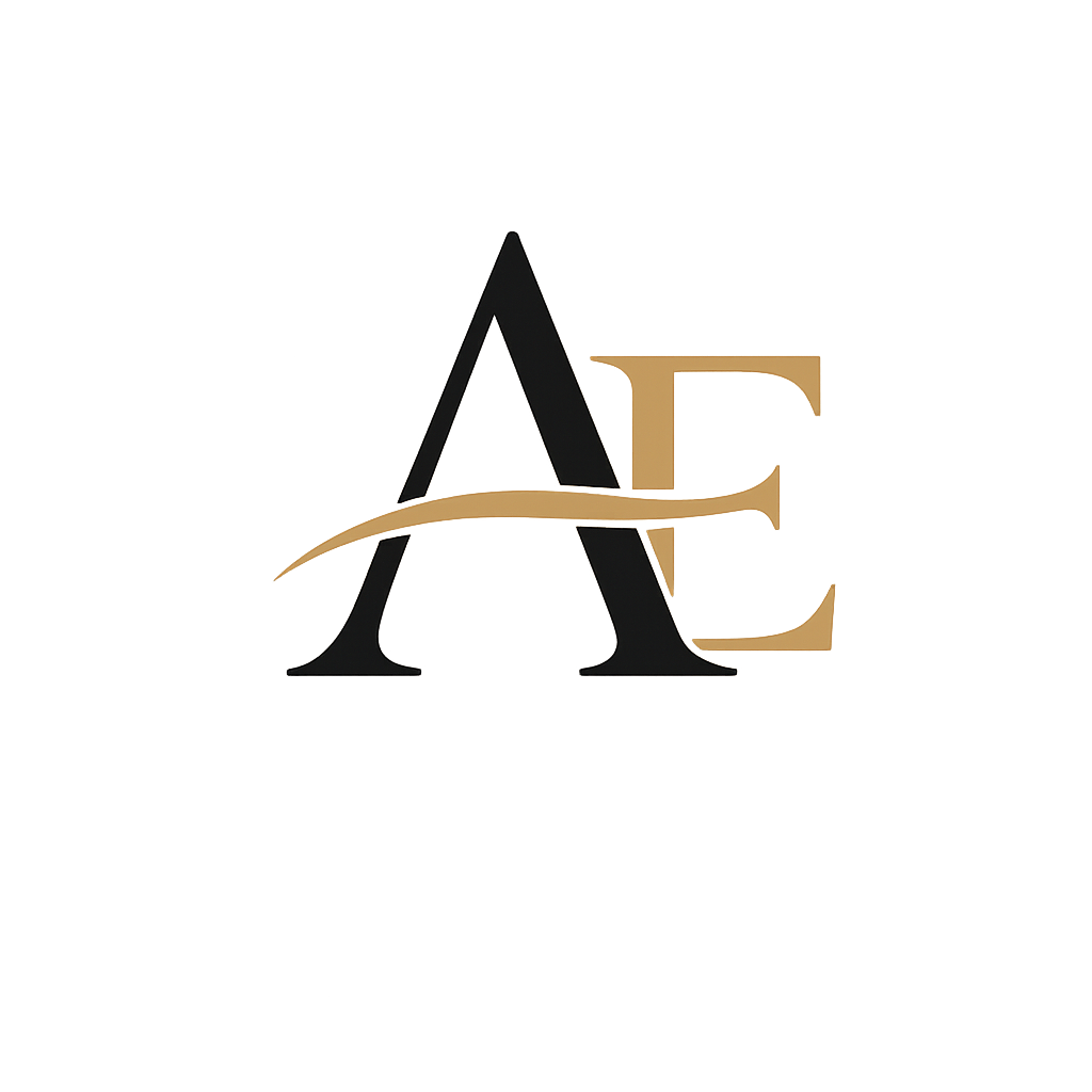 A stylized logo with a large black letter 'A' overlapping a large gold letter 'E'.