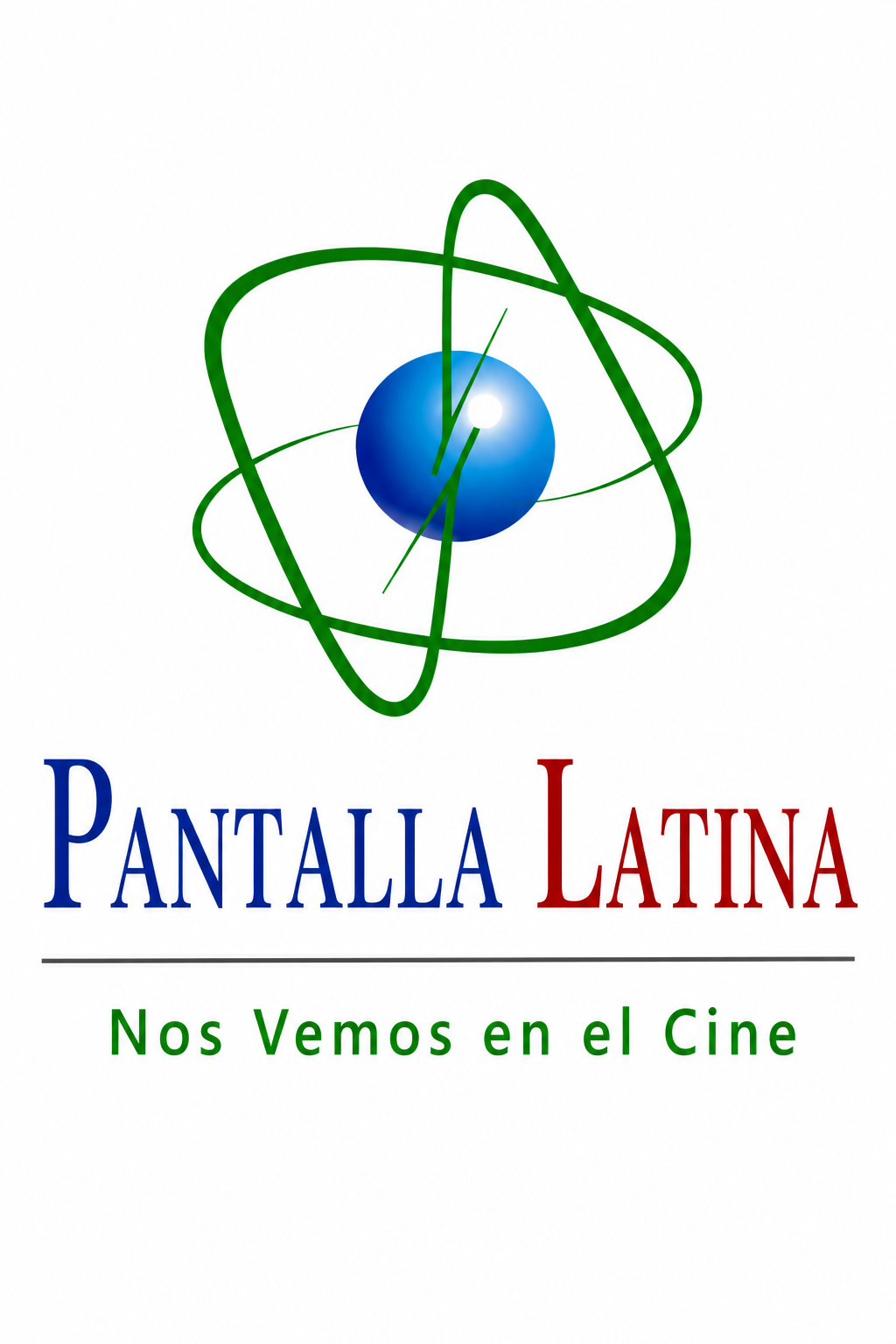Logo with a blue atom symbol and the text 'PANTALLA LATINA' in blue and red, and the slogan 'Nos Vemos en el Cine' in green.