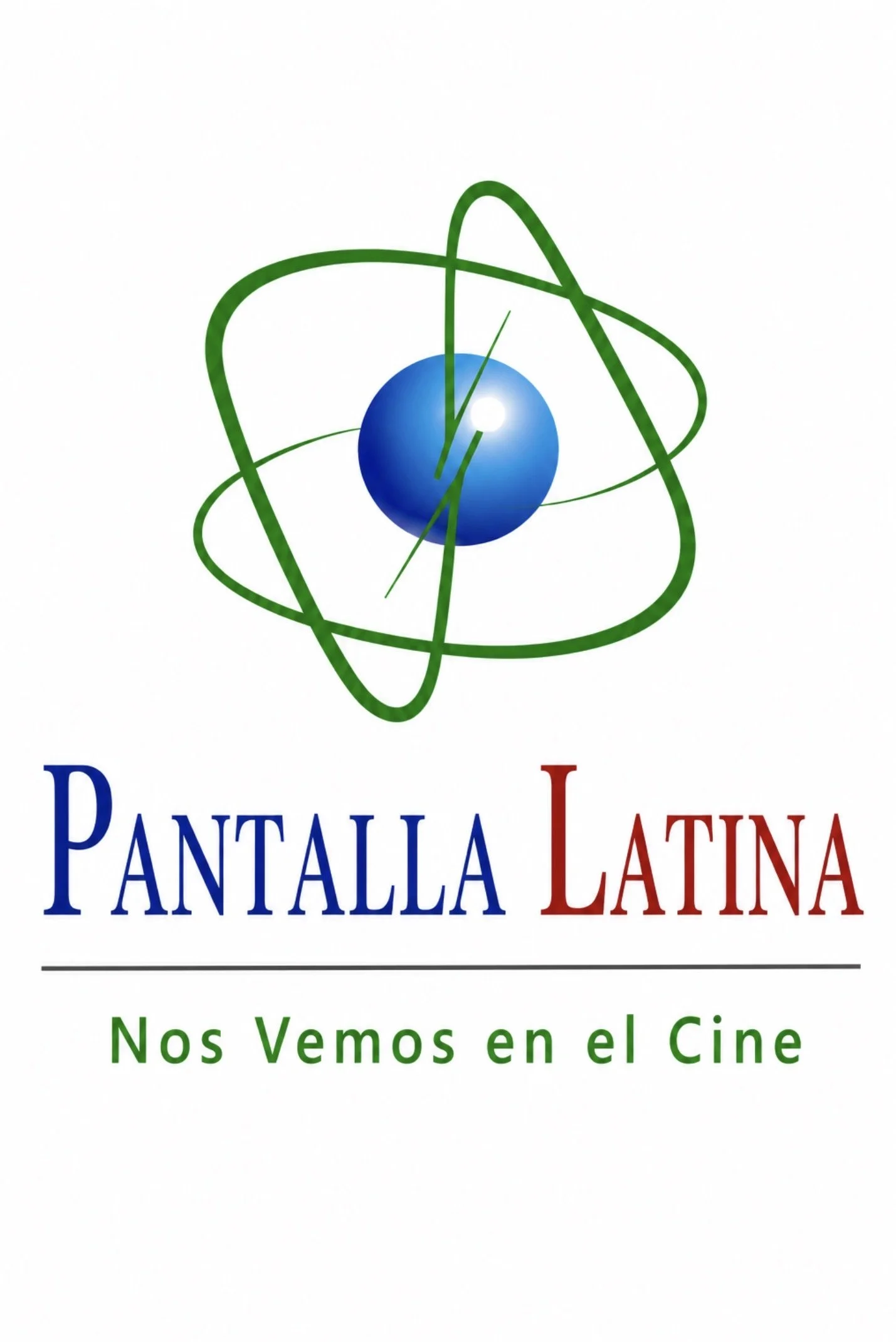 Logo for Pantalla Latina with a blue Planet Earth symbol and the text 'Nos Vemos en el Cine' in green.