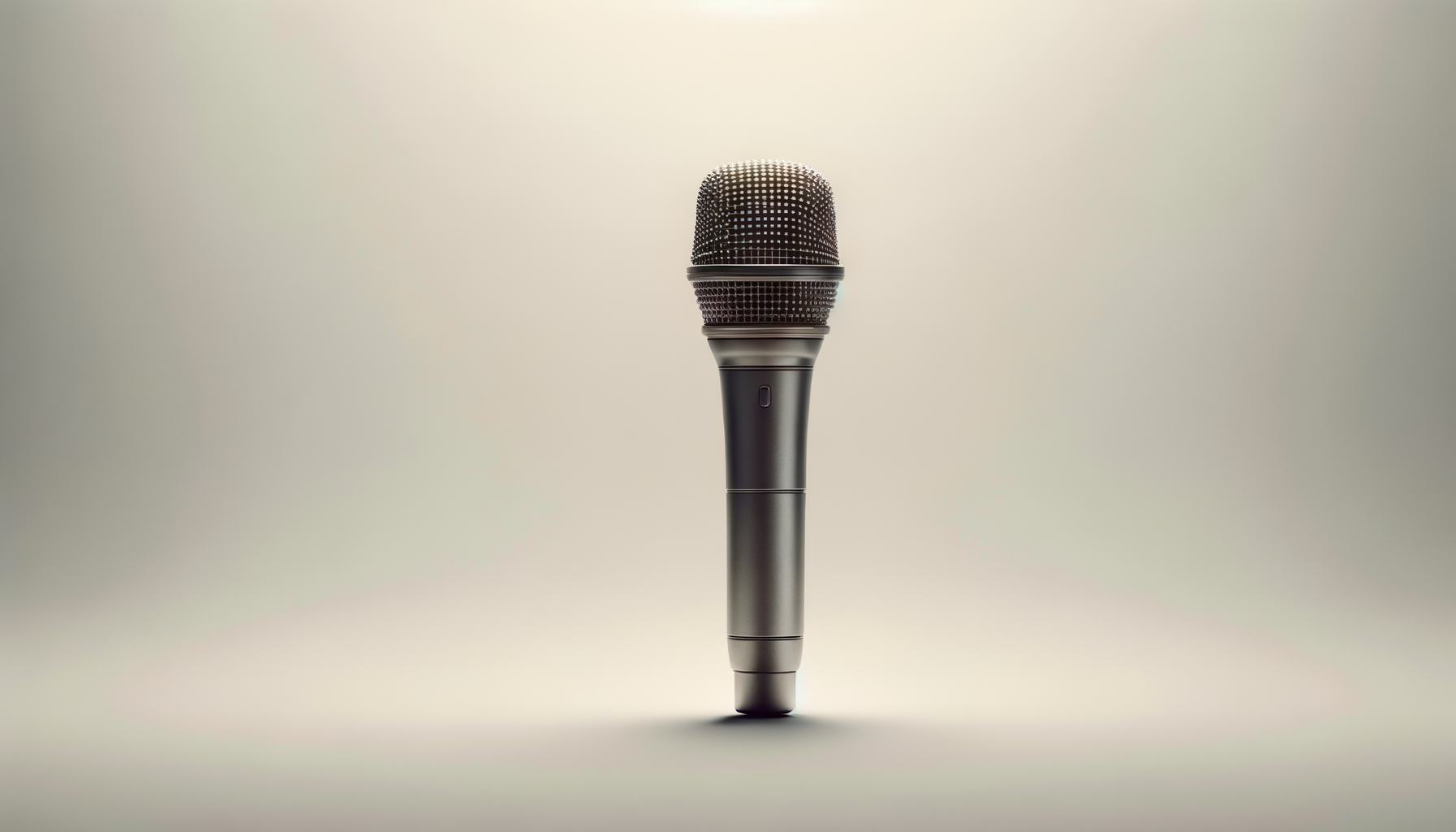 A microphone with a metallic body and a mesh grille on top, standing upright on a neutral background.