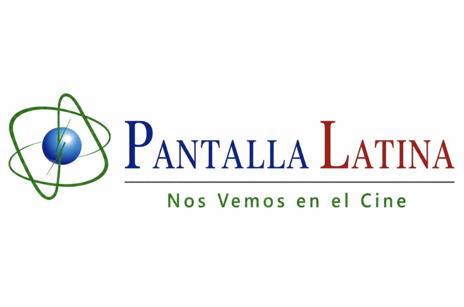 Logo for PANTALLA LATINA with a stylized atom symbol and the tagline "Nos Vemos en el Cine" in green.