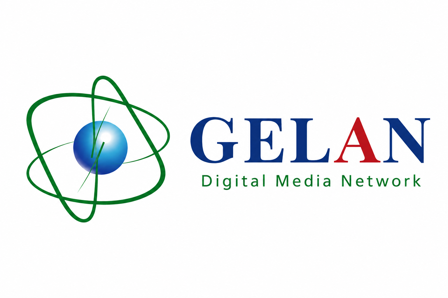 GELAN Digital Media Network logo with planet earth and 2 green satellite orbit lines.