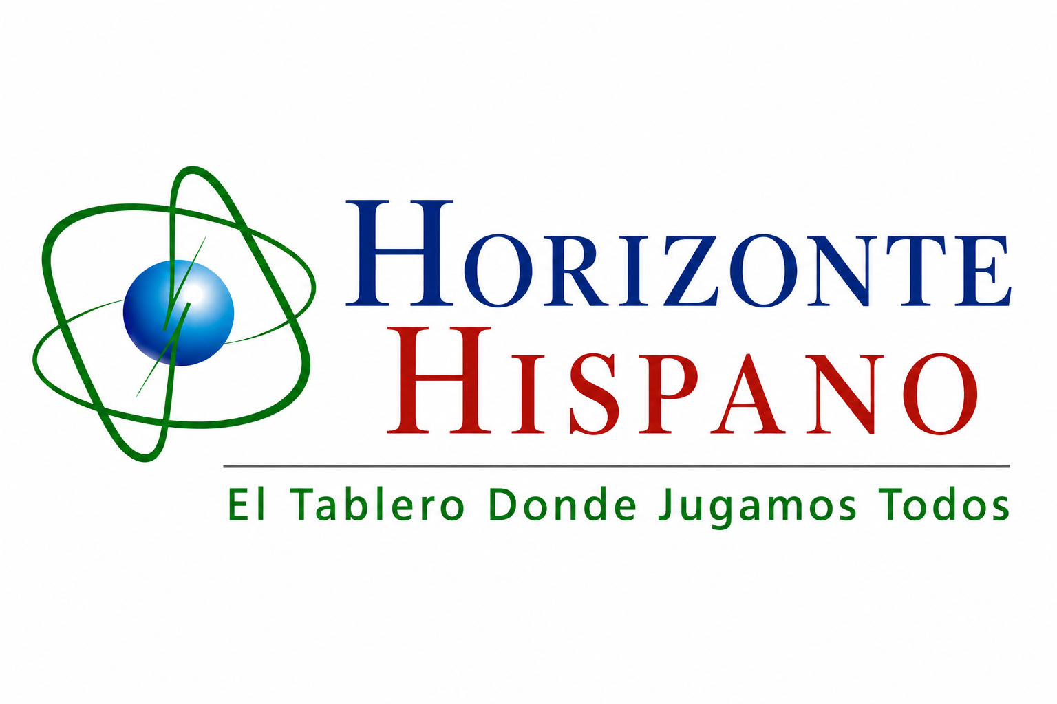 Logo for Horizonte Hispano with the blue Planet Earth sphere surrounded by 2 green satellite orbits, all  on the left, the words 'Horizonte Hispano' in large font, and the slogan 'El Tablero Donde Jugamos Todos' underneath.