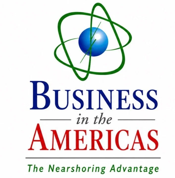 Logo for 'Business in the Americas' featuring a blue globe with 2 green orbit lines, with the title in blue, red, and black text, and a tagline in green.