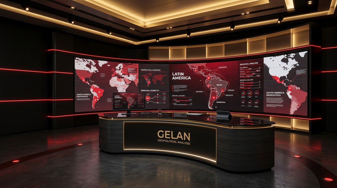 A modern conference room with a curved display screen showing a geopolital analysis of Latin America, including maps and data on regional stability and geopolitics, with a sleek black desk in the foreground labeled 'GELAN Geopolitical Analysis' and warm ambient lighting.