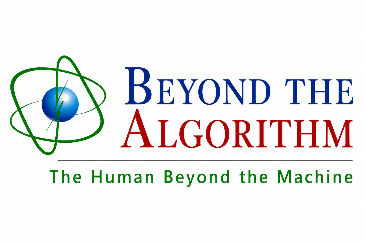 Beyond the Algorithm logo. It features Gelan's blues sphere that represents Panet Earth, surrounded by two green satellite orbits.  The name Beyond the Algorithm at the righthand side. Underneeth, the show slogan "The Human Beyond the Machine" .