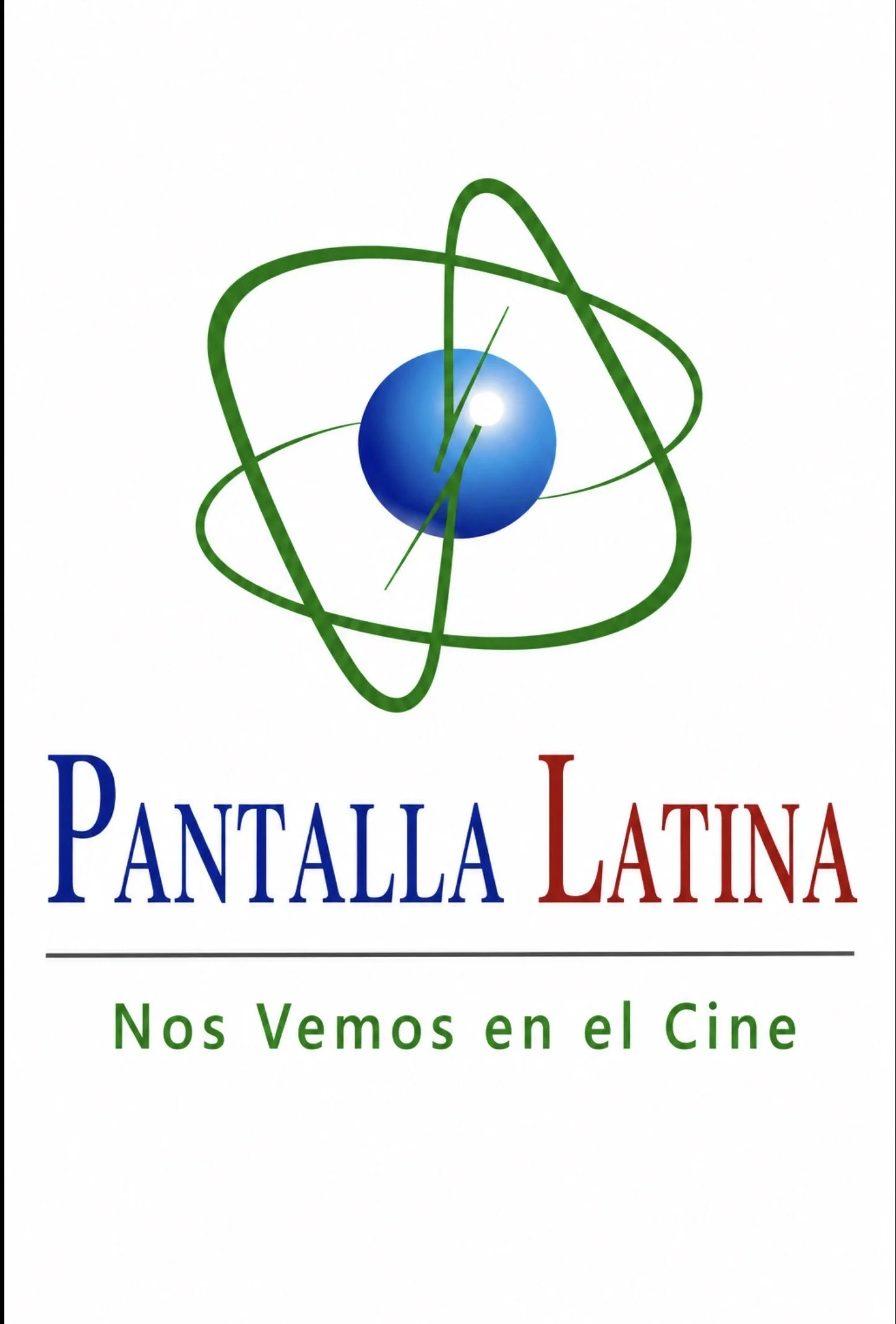 Logo with Planet Earth represented as a blue sphere at the center, meaning Latin America in the world. Text below says "PANTALLA LATINA" refering to Latin Cine and the big screen at movie theaters. Additional text: "Nos Vemos en el Cine" as invite.
