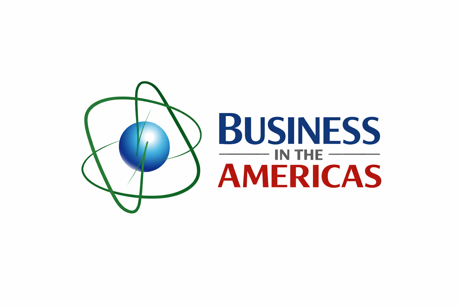 Gelan's logo of Buziness in the Americas show. It features Gelan's blue sphere of Planet Earth surrounded by two green satellite orbits. To the right the name Busines in the Americas.
