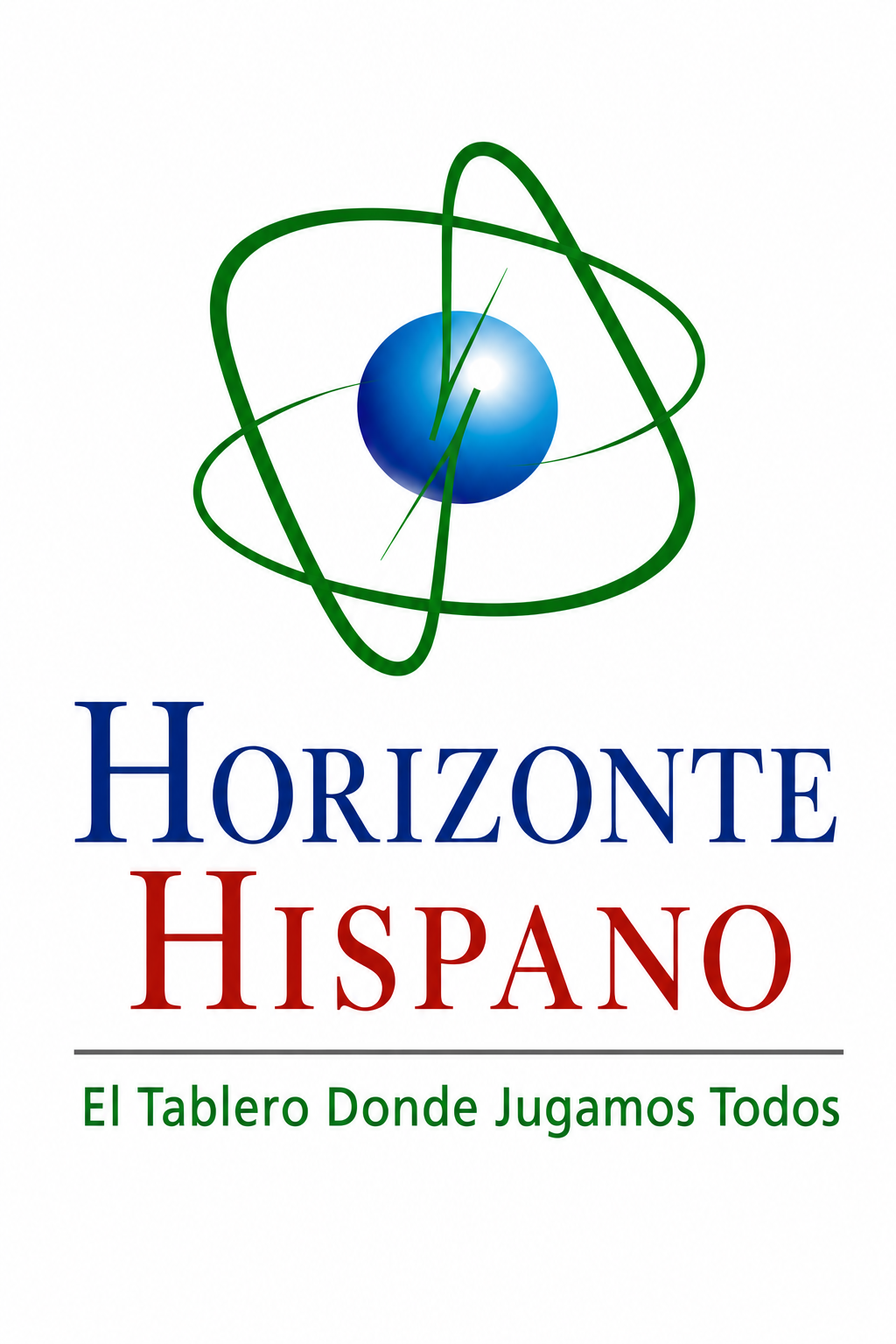Logo for Horizonte Hispano featuring a blue and white atom with 2 green satellite orbits and the text 'HORIZONTE HISPANO' beneath, followed by the phrase 'El Tablero Donde Jugamos Todos'.