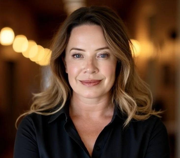 A woman with wavy blonde hair, wearing a black shirt, smiling in a warmly lit indoor setting.