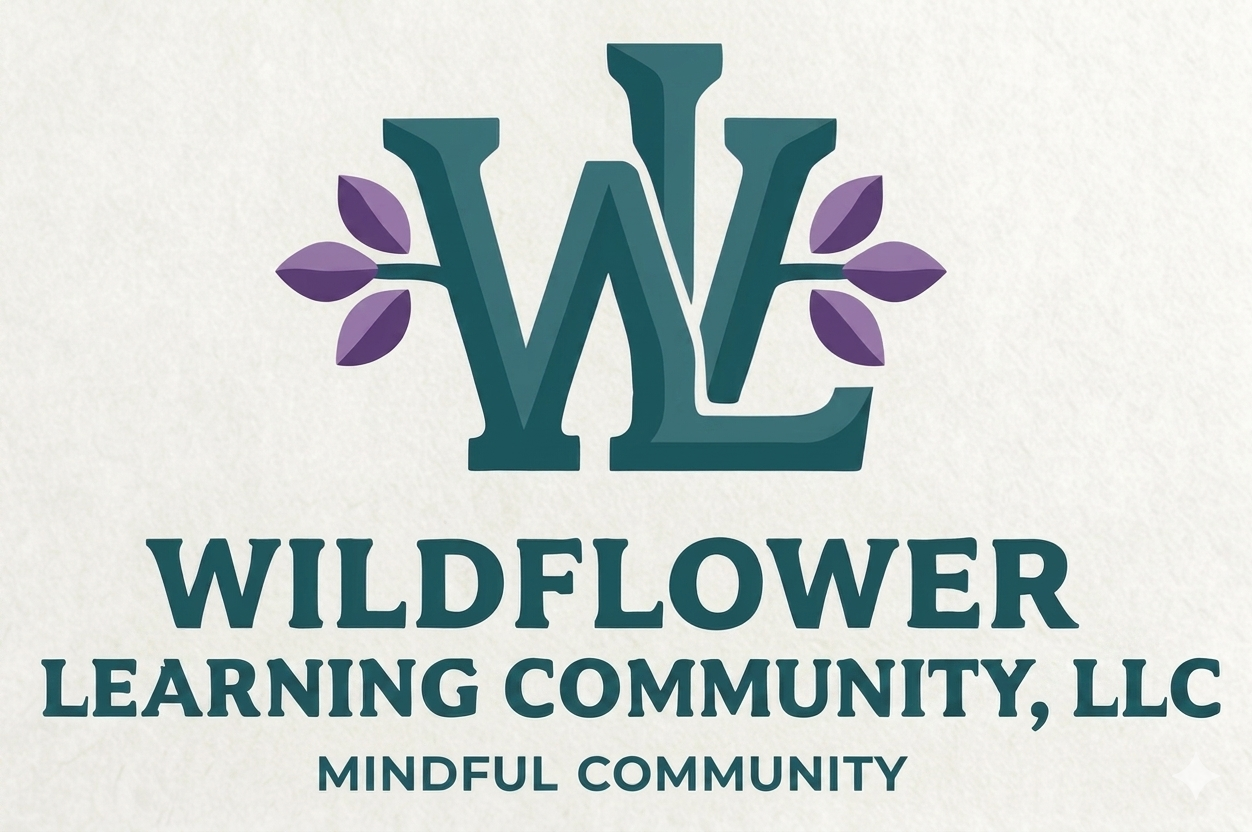 Logo for Wildflower Learning Community, LLC featuring a large stylized 'WL' with purple leaves and the tagline 'Mindful Community' beneath.