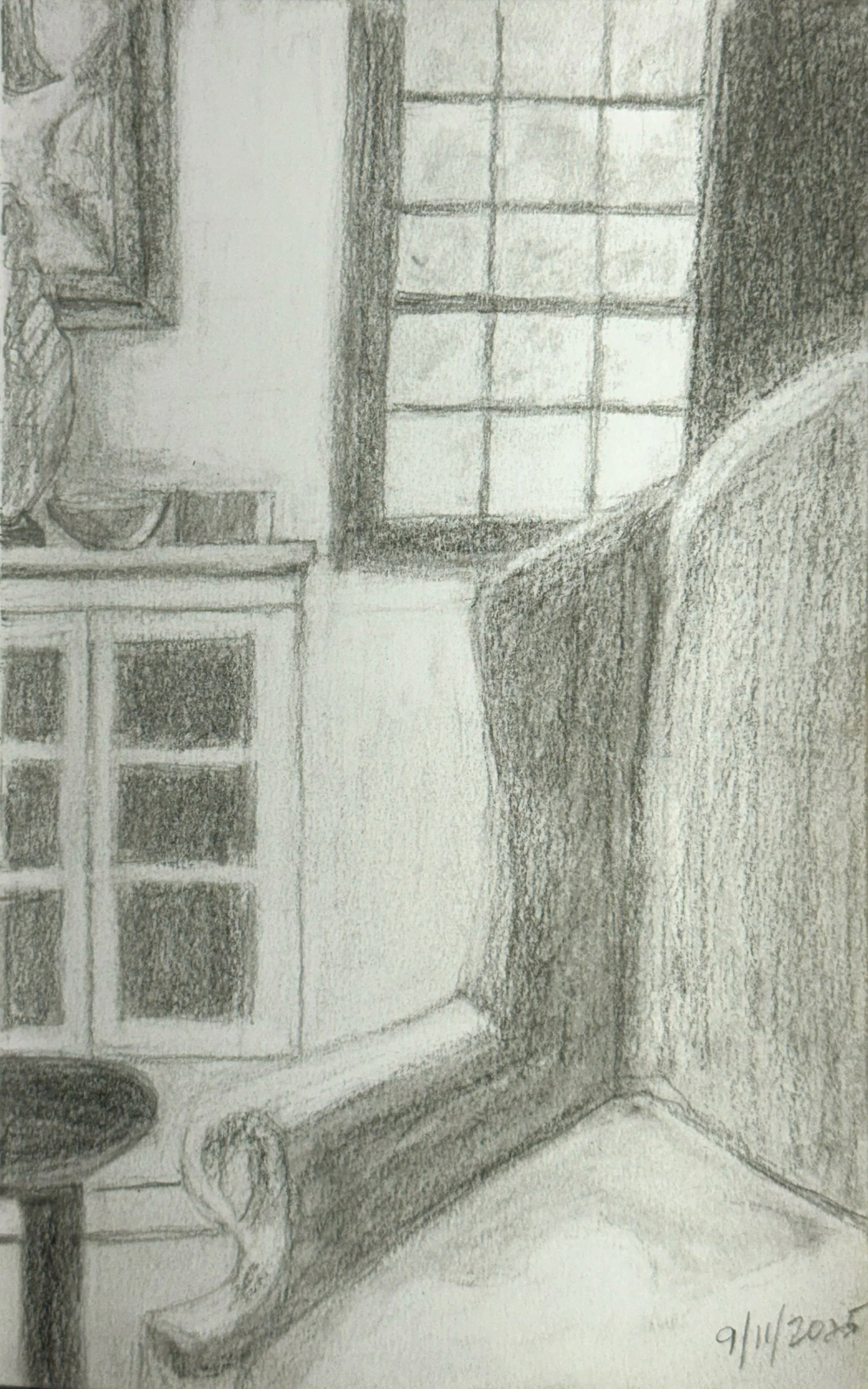 Pencil sketch of a kitchen scene with a stove, oven, and a large window, dated 9/14/2023.