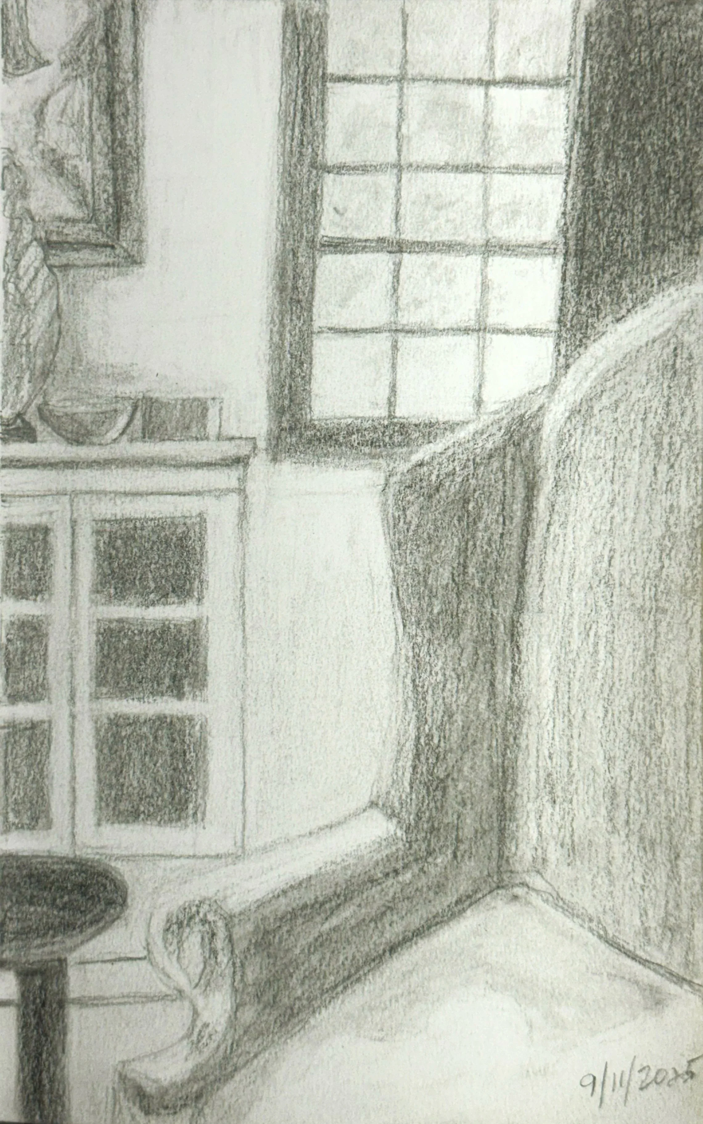 CHAIR, WINDOW, BOOKCASE, 9 x 6 inches, pencil on Fabriano paper