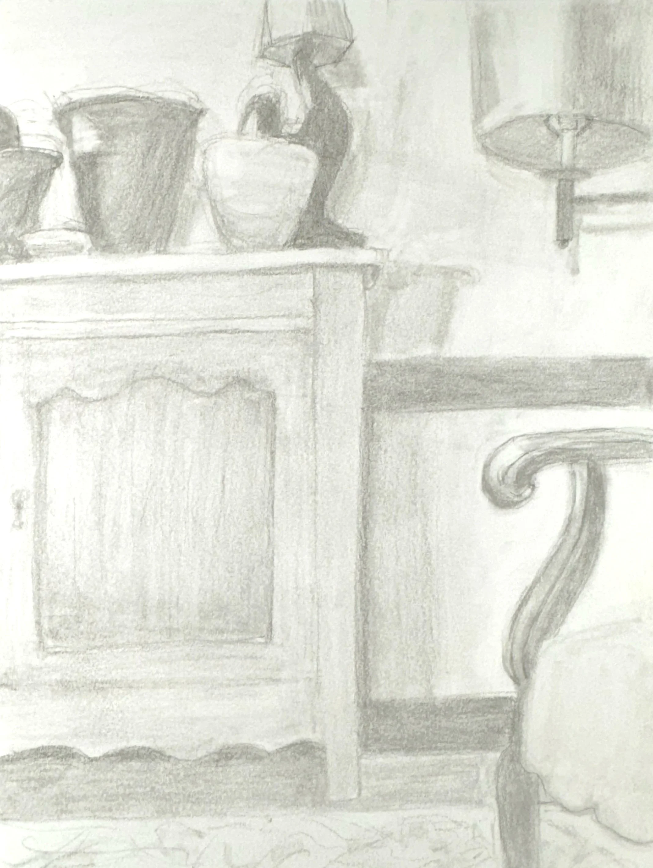 Sketch of a table with three lamps and vases, two on the left and one on the right, with a background of a paneled wall.