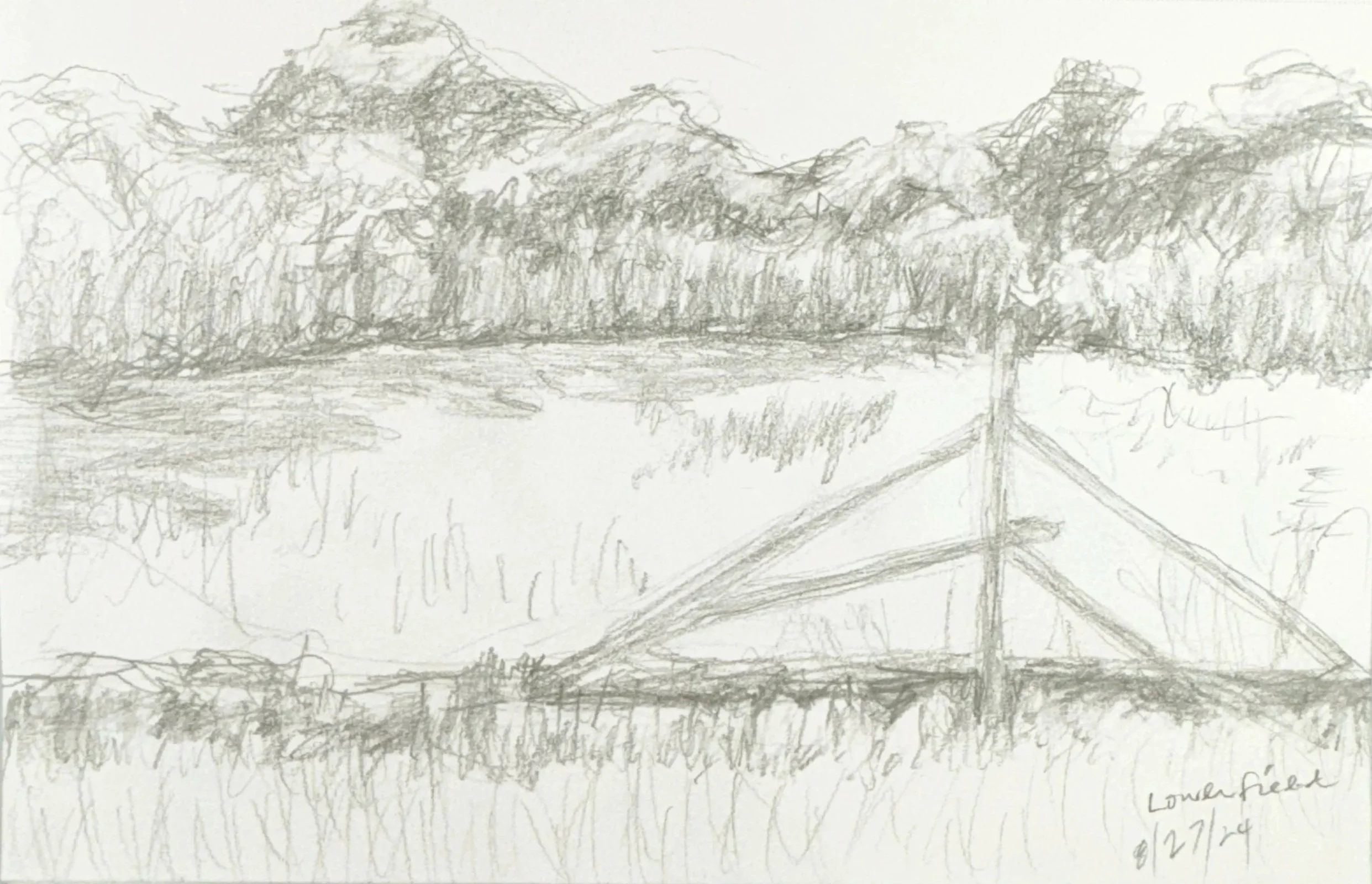 BROKEN FENCE & LOWER FIELD, 8.5 x 6 inches, pencil on Canson paper