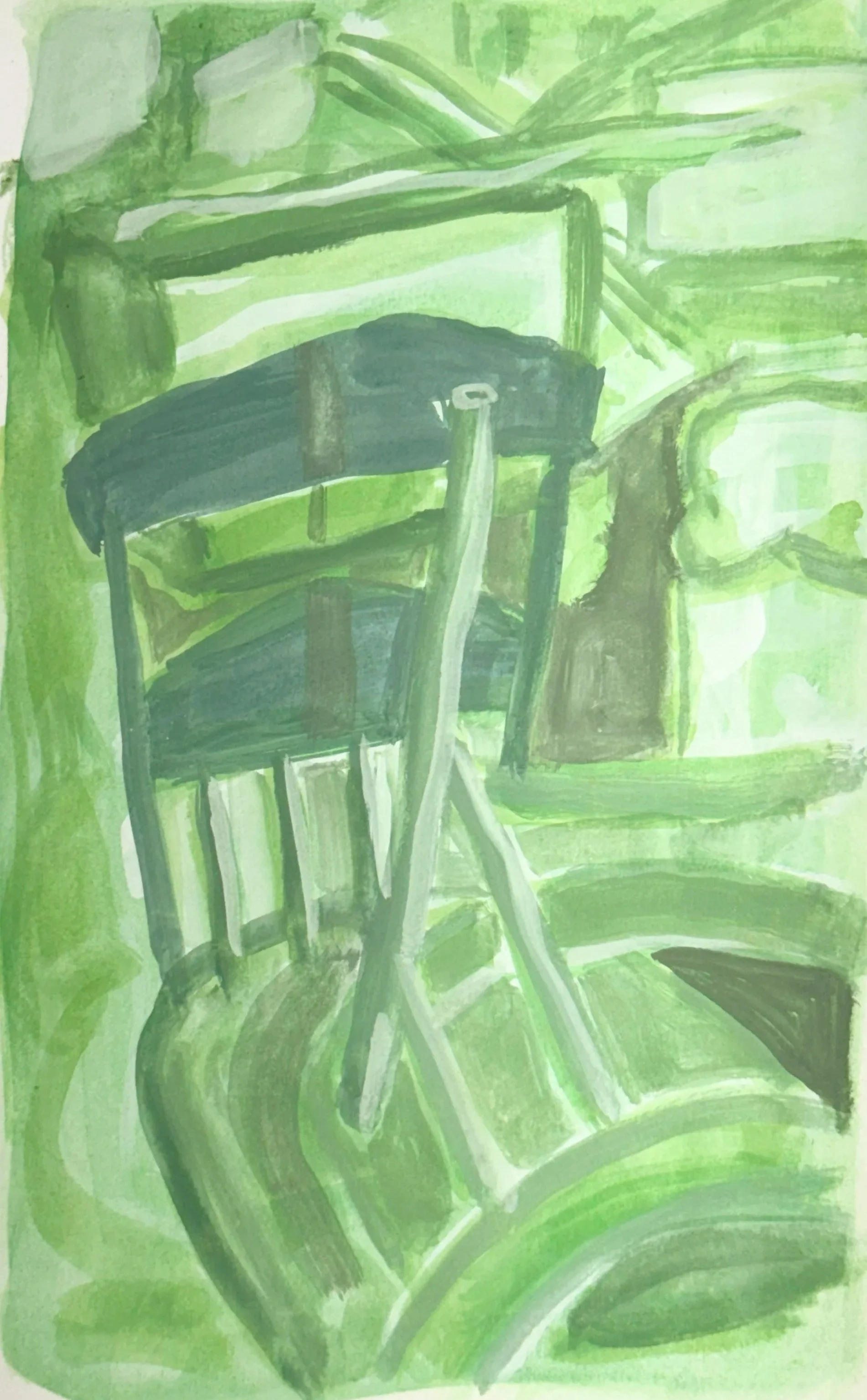 GREEN CHAIRS PILED UP IN OLD MILL, 9 x 6 inches, gouache on Fabriano paper