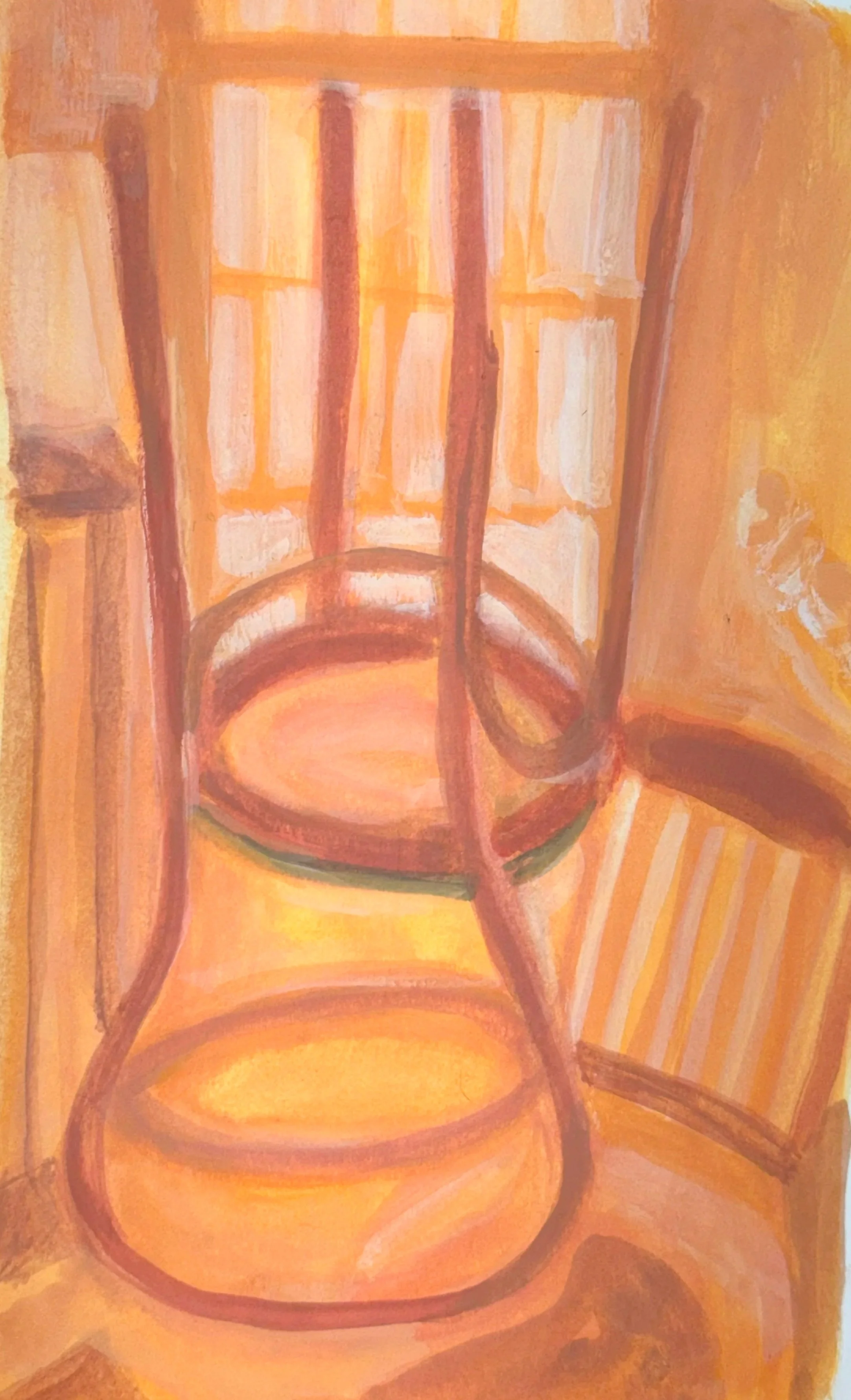 ORANGE CHAIRS PILED UP IN OLD MILL, 9 x 6 inches, gouache on Fabriano paper