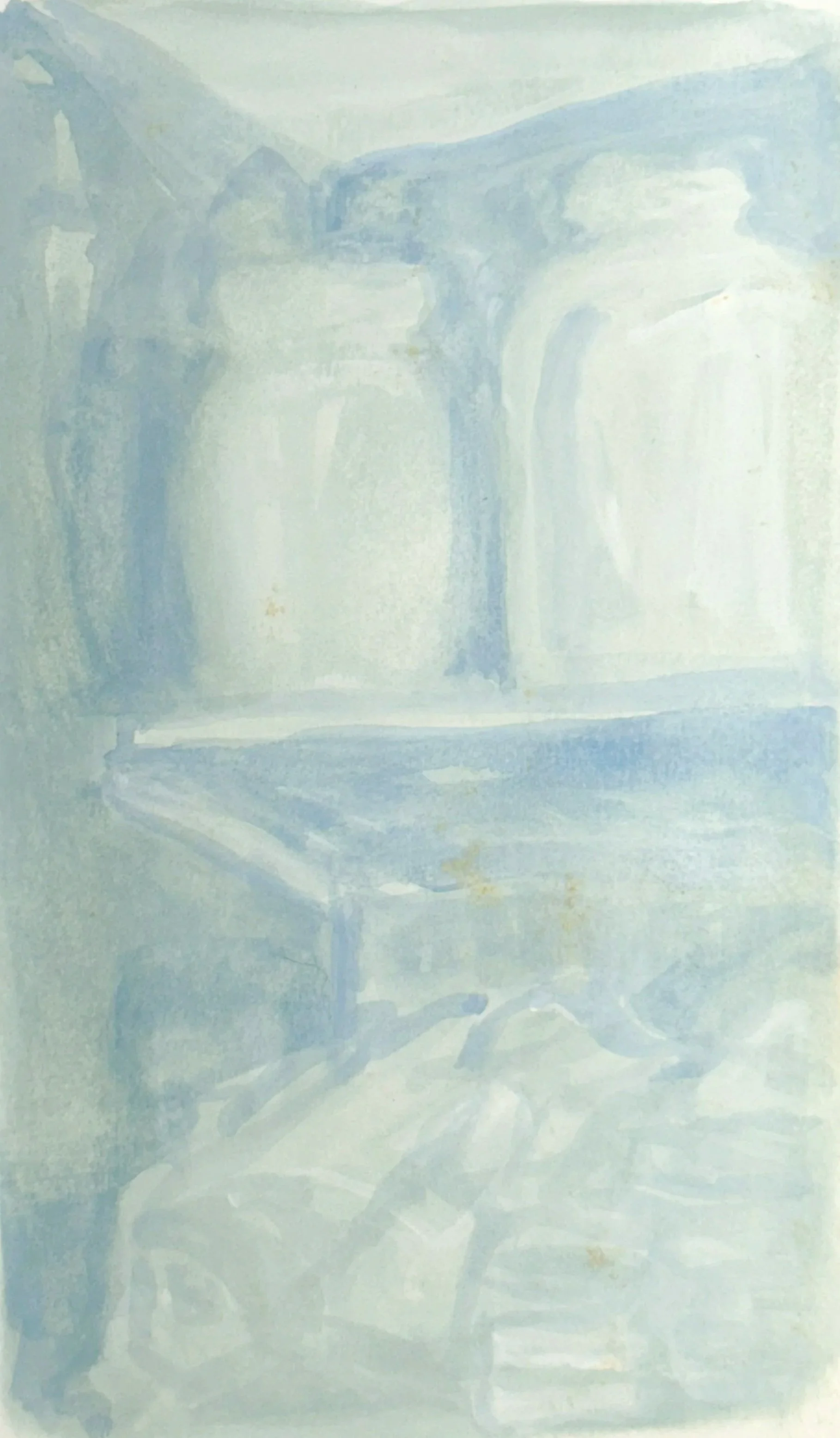 SOFT BLUE POTS ON SHELVES, 9 x 6 inches, gouache on Fabriano paper