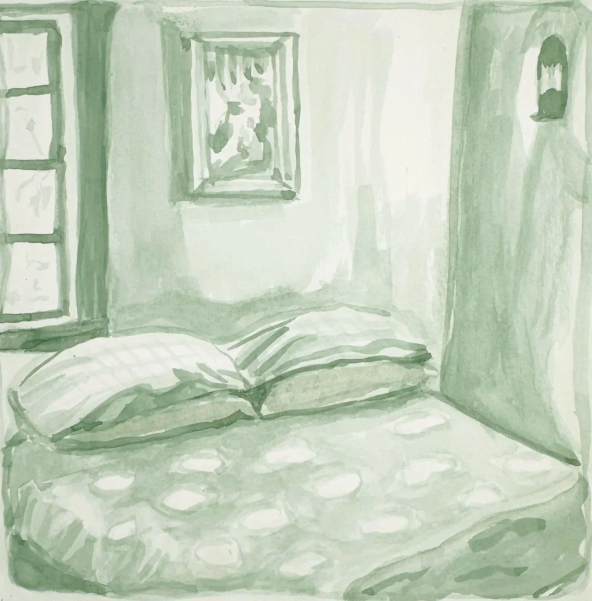 BED, 8 x 8 inches, ink on watercolor paper