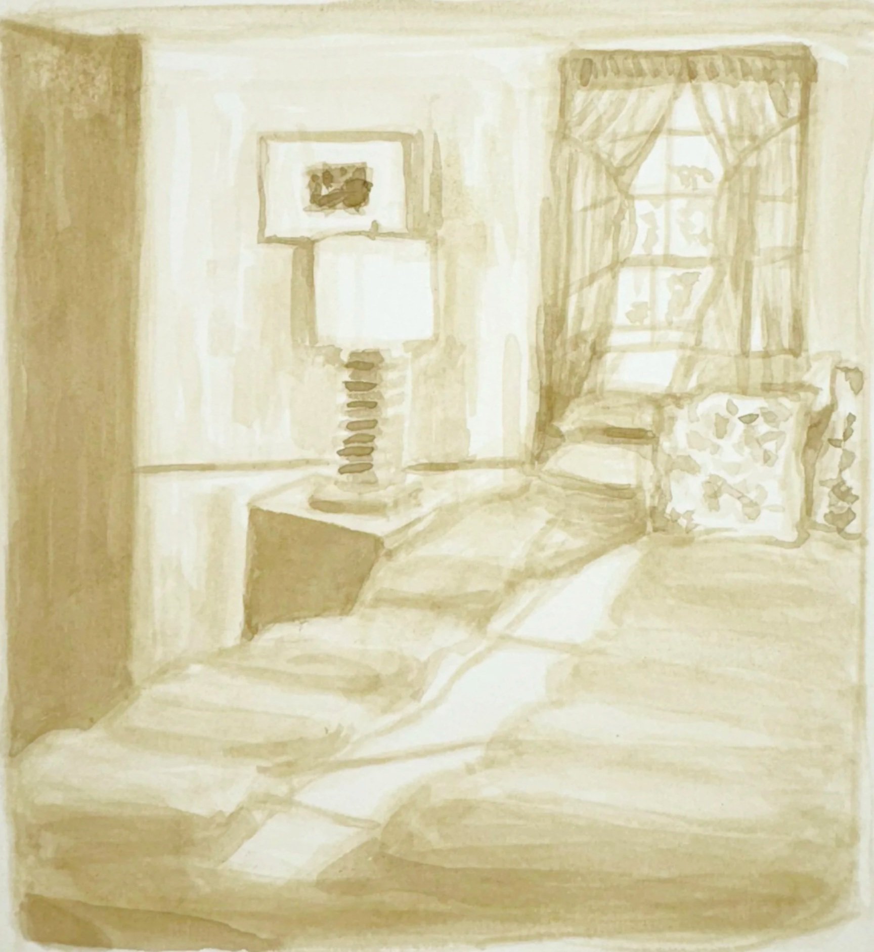 LIGHT ON BED, 6.5 x 7 inches, ink on watercolor paper