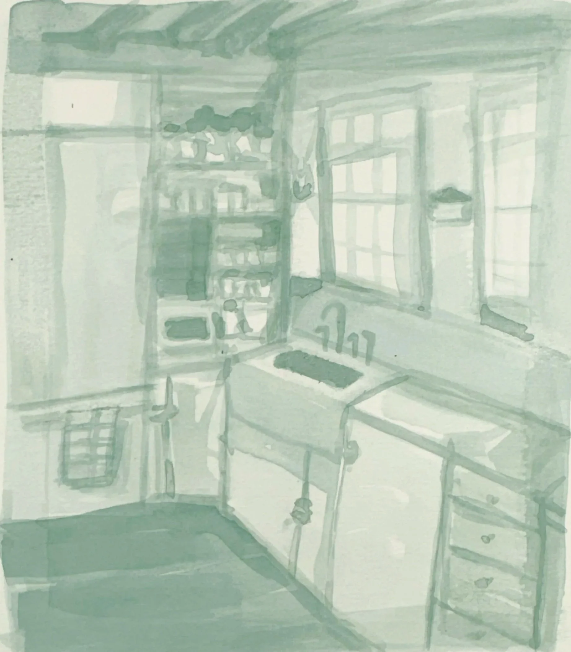 FULL KITCHEN, 8 x 7 inches, ink on watercolor paper