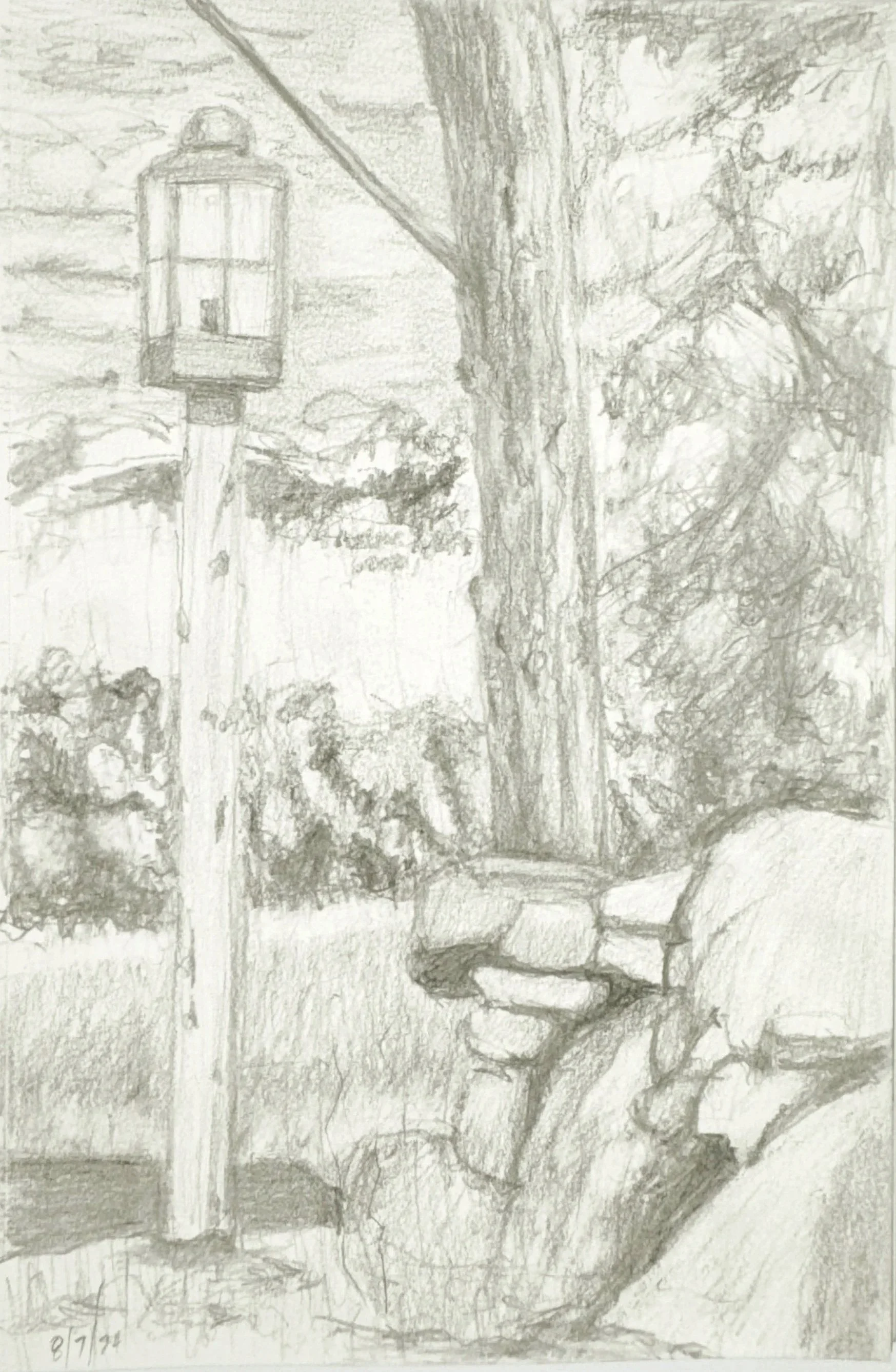 STONE WALL & LAMP POST, 9 x 6 inches, pencil on Canson paper