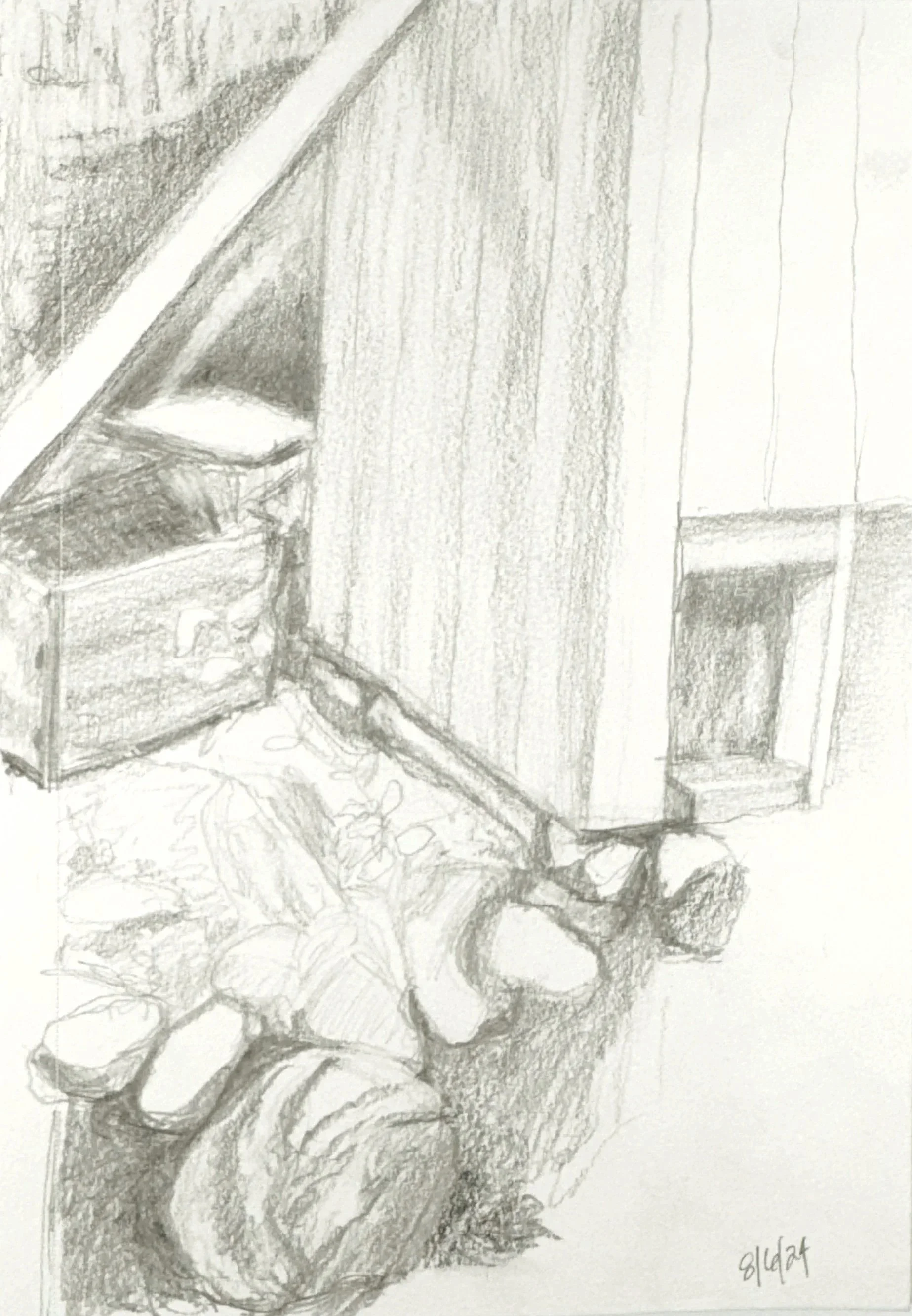 ROCKS, CHICKEN COOP, 9 x 6 inches, pencil on Canson paper
