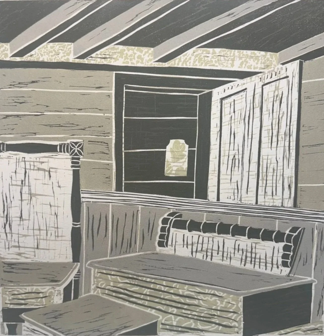 THE OTHER ROOM, 12 x 12 inches, relief ink on linoleum, printed on Arches paper, 1/10