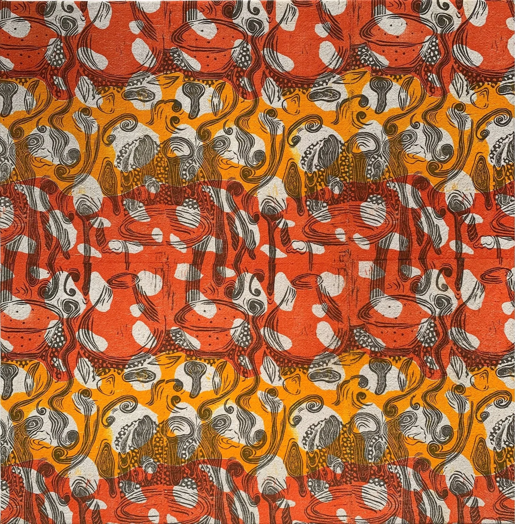 POTTERY CLOTH, 23.5 x 23.5 inches, relief ink on linoleum and woodblocks, printed on muslin cloth, 1/1