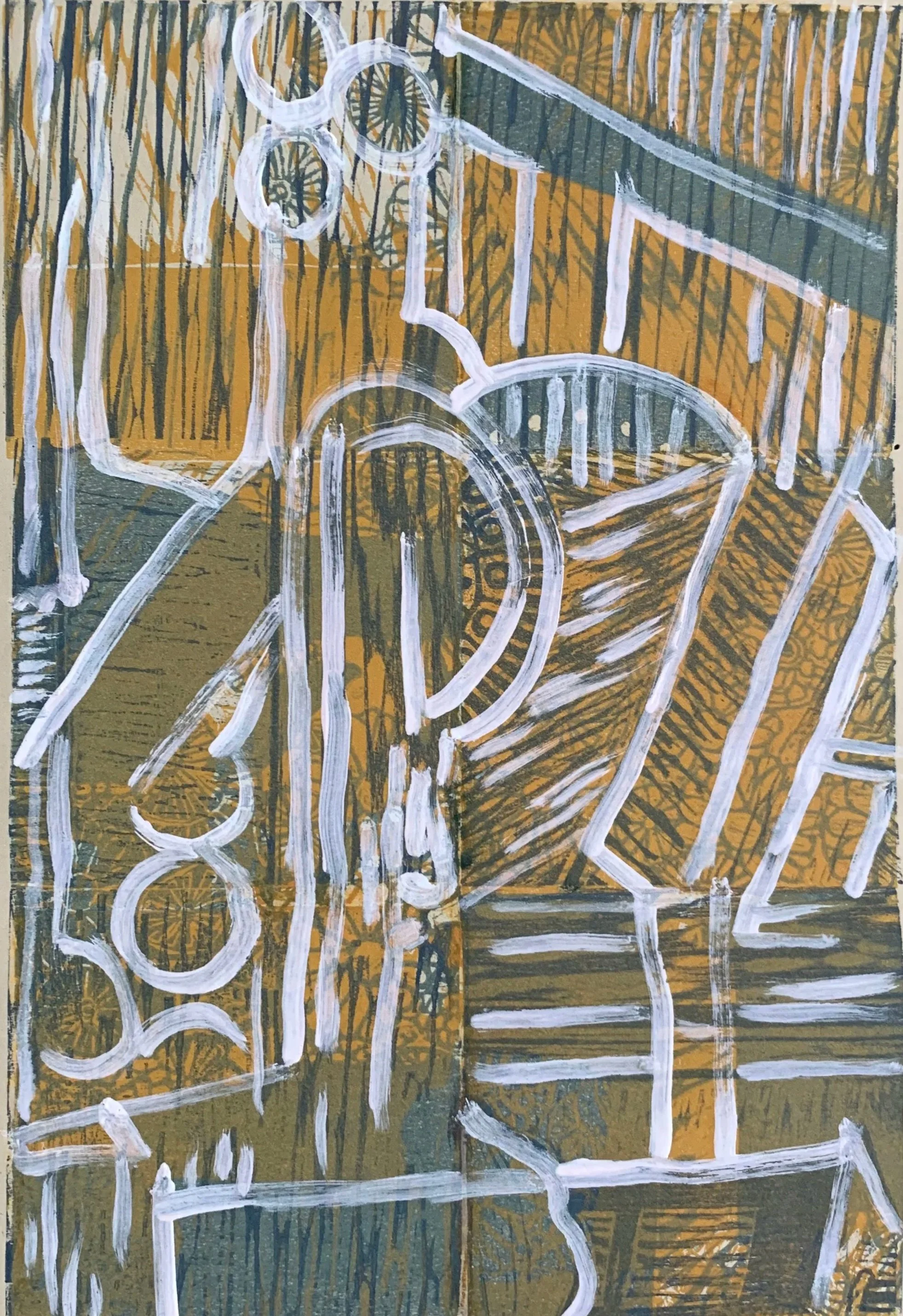 PATTERNING 2, 12 x 8 inches, relief ink on woodblocks with acrylic paint, printed on Arches paper, 1/1