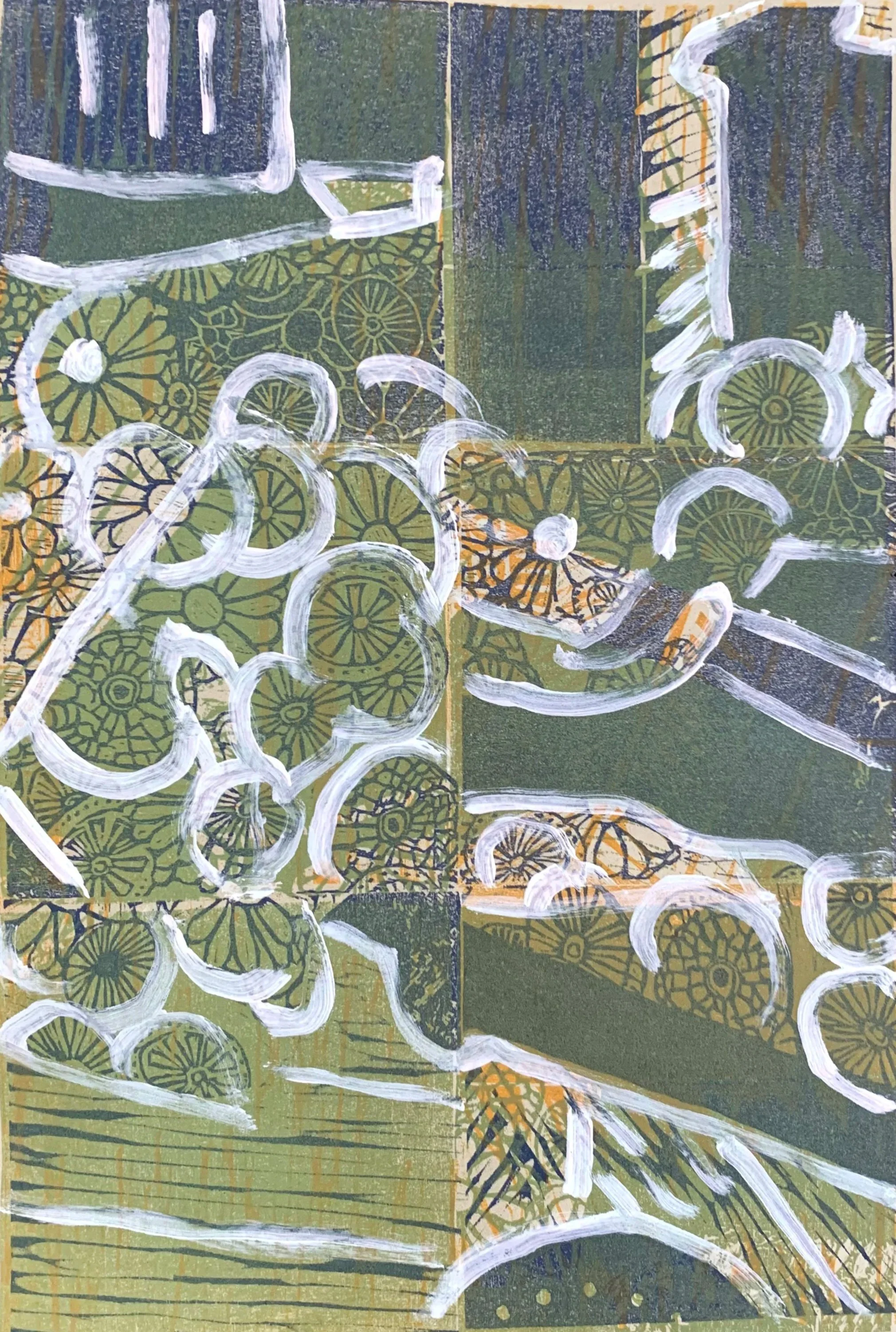 PATTERNING 3, 12 x 8 inches, relief ink on woodblocks with acrylic paint, printed on Arches paper, 1/1