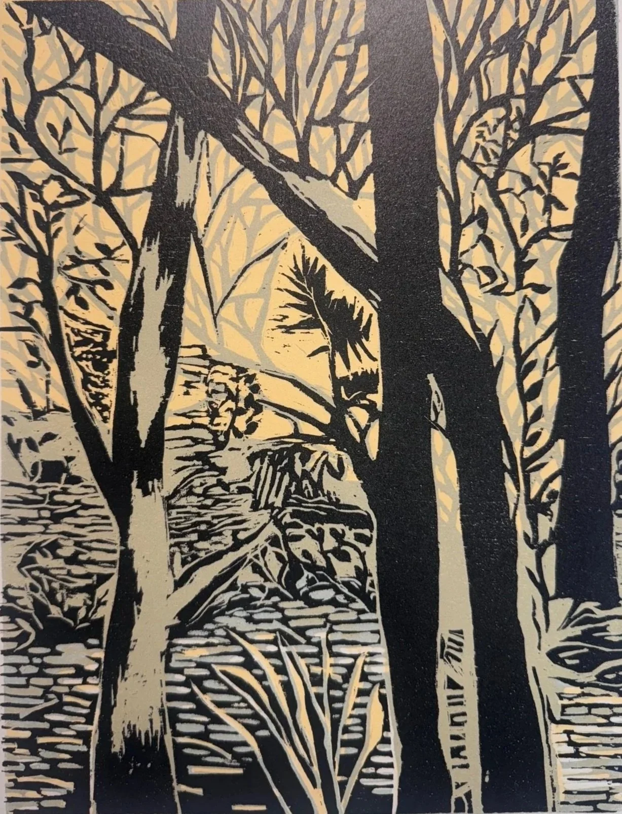 BROKEN TREE, 11 x 8.5 inches, relief ink on woodblock, printed on Arches paper, 1/10