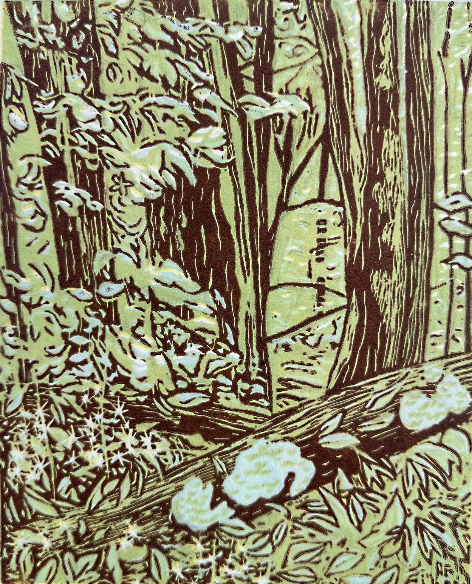 MOSS IN THE WOODS, 10 x 8 inches, relief ink on linoleum, printed on Arches paper, 1/1            