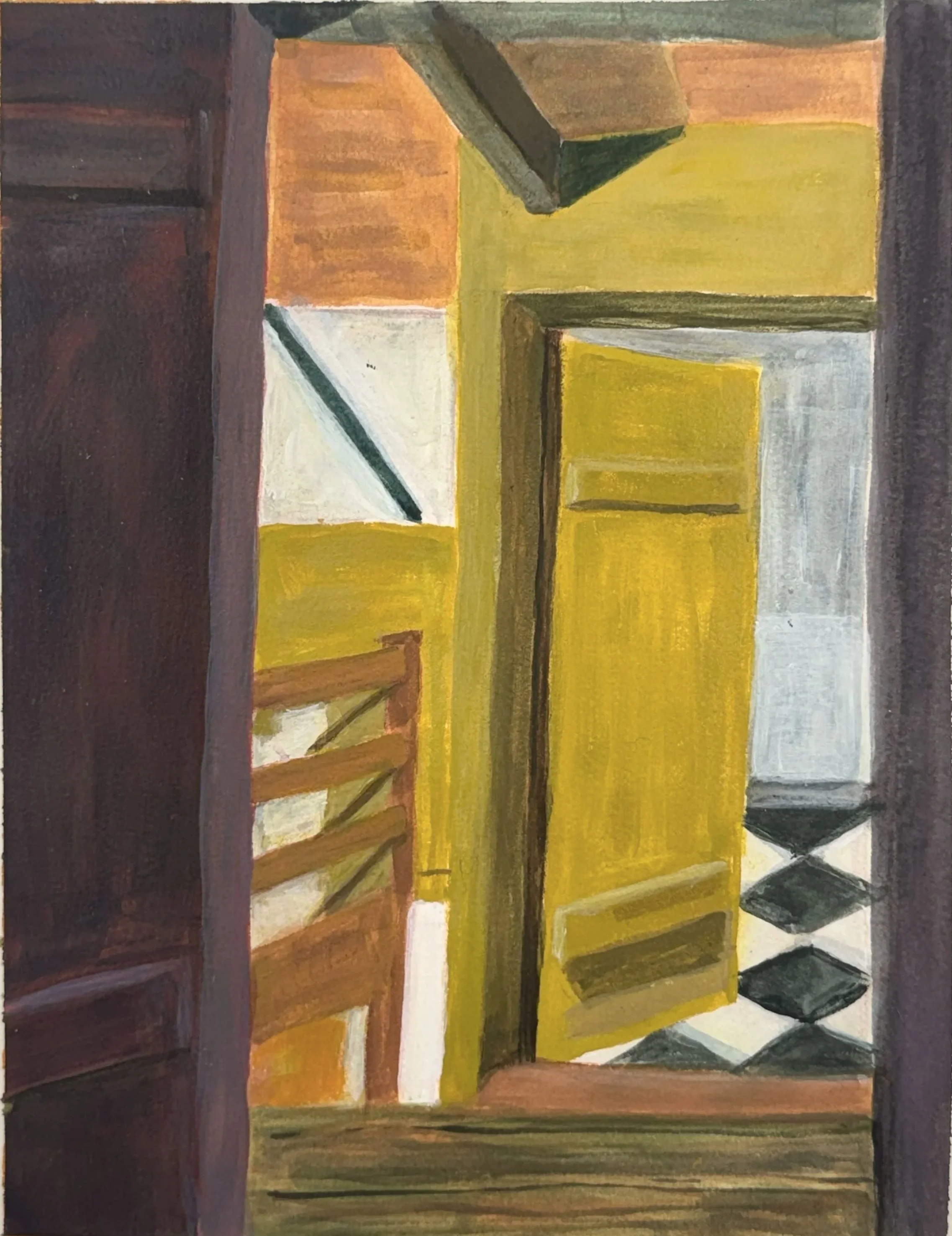 TO THE BATHROOM & DOWN, 12 x 9, acrylic on Arches paper