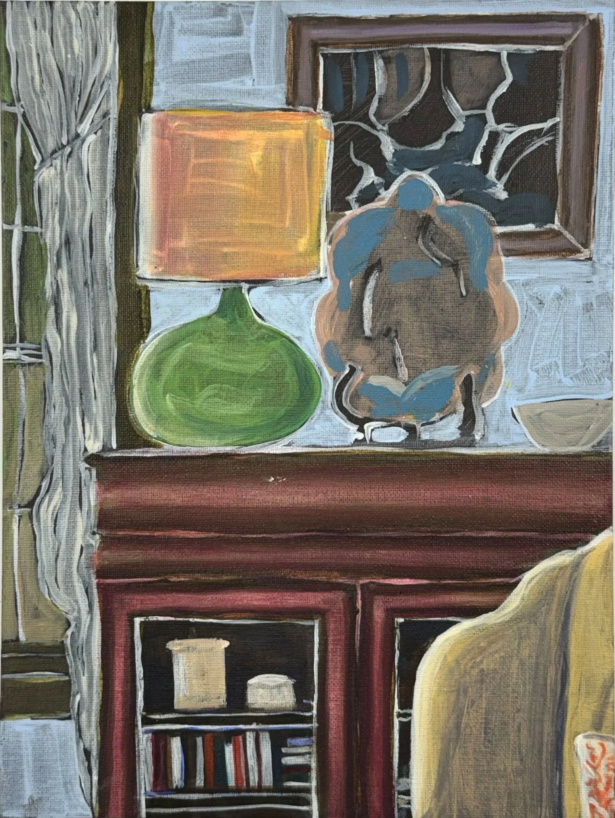 LAMP, BOOKCASE, CHAIR, 12 x 9 inches, acrylic on canvas panel