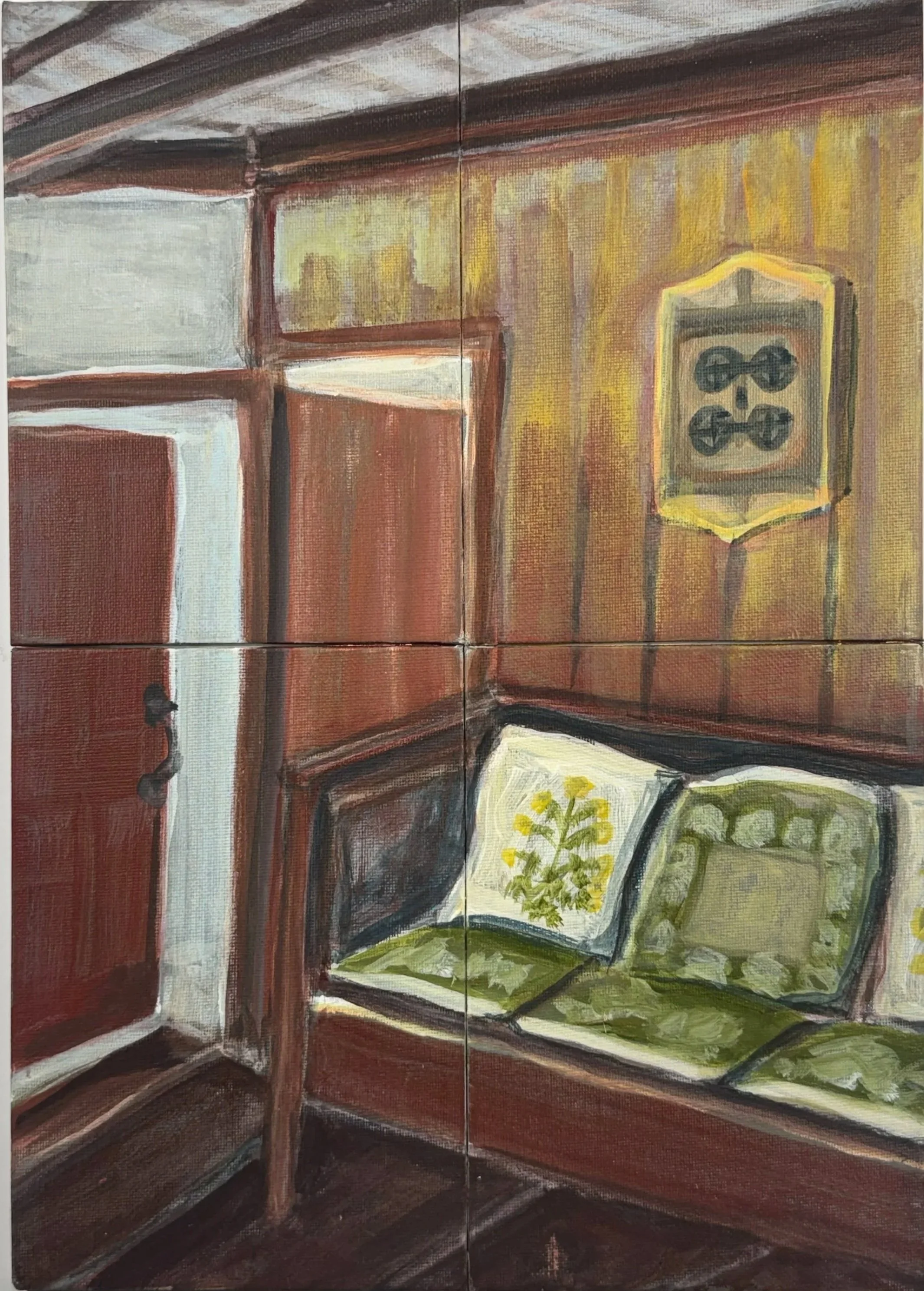 KEEPING ROOM BENCH, 14 x 10 inches, acrylic on 4 canvas panels