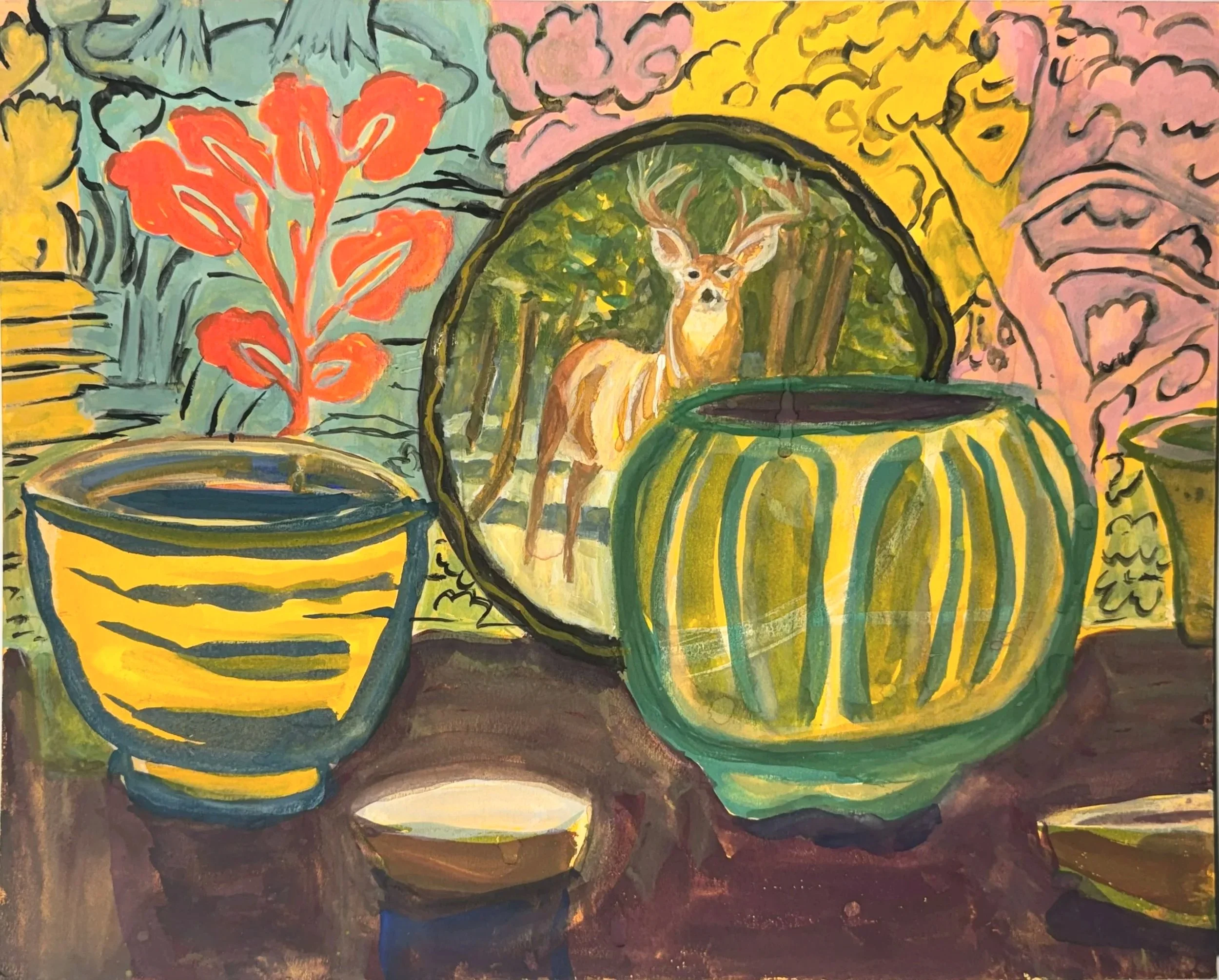 POTTERY WITH DEER TRAY, 12 x 15 inches, Acrylic on matt board