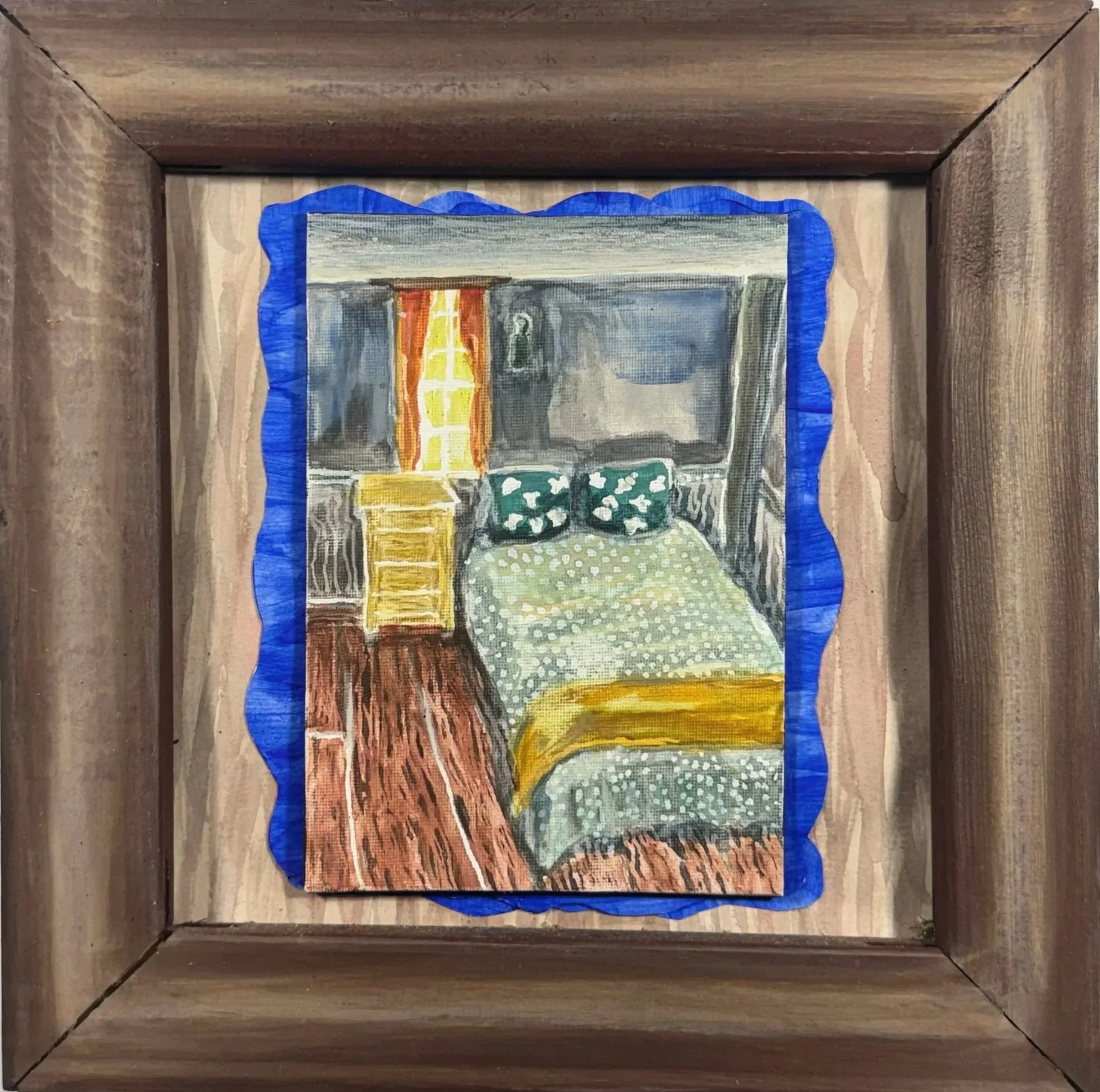 BED FRAMED, 11 x 11 inches, acrylic on canvas panel with paper & wood